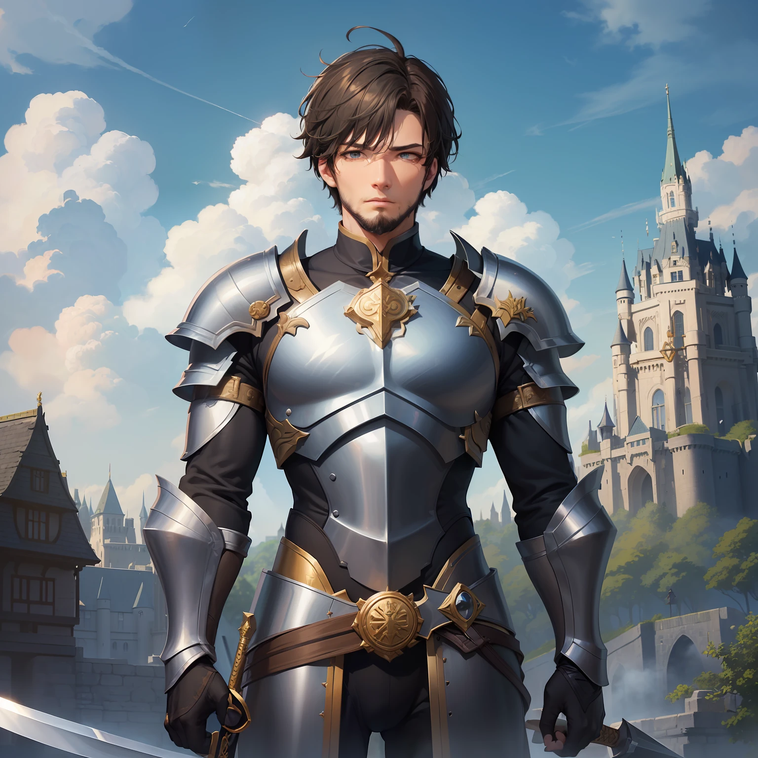 ​masterpiece、top-quality、High-quality images、8K、One Man、((towering castle、Stone construction、Extensive adjoining gardens、The castle beyond the garden)):1.3 　blue-sky、Slightly white clouds、Occasional rainbow、　　　Here、((「Fort of Sunshine」、Chief Leo、Take responsibility for everything that happens、At the same time、Have all the power of this castle、)):1.4　Man of Steel、Black Knight Leo((male people、short beard、Long body、Bulk、musculature、Black Armor、Golden lion ornament on the chest of armor、Golden sword with a big waist、Forming a cross with blades and blades、Neat face、short dark hair、The right eye is pale blue-green、The left eye is almost blackish brown、Strong-willed lips、)):1.3 Rules of this castle、Who Leo judged to be dark々You will be taken to this castle、Those who do not convert will be imprisoned、You can't leave this castle、Unpunished but unable to go to jail、Truly Converted,When you are freed from darkness、Himself、Know how to leave this castle、