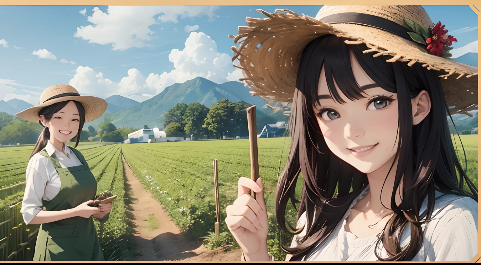 Women's Agriculture、Smiling happily while showing off the harvest、Beautiful illustration of farm work