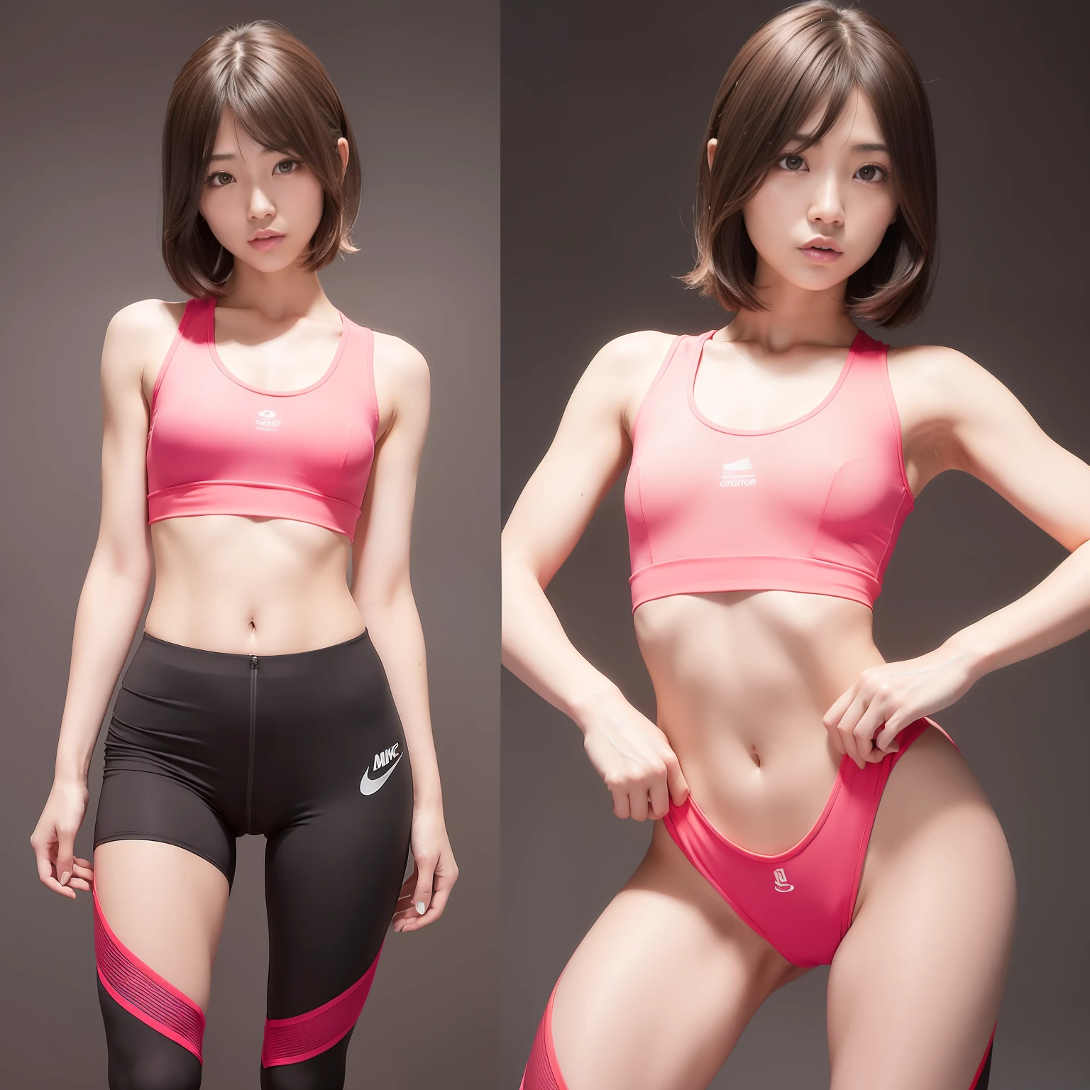 (Solo), (a detailed full-body RAW photo of a girl), (masutepiece:1.0), (Best Quality:1.4), (超A high resolution:1.2), (Photorealistic:1.4), 8K resolution, Canon EOS R5, 50 millimeters, absurderes, ultra-detailliert, (40yo), back focus, Cinematic lighting, Detailed beautiful face, (no-makeup:1.2), (ulzzang -6500-v1.1), petite figure, Detailed skin texture, (flat chest:1.4), (skinny and fit body:1.6), Detailed brown hair, sweltering,(Very short hair:1.5), See Through wear, (neon colour spandex Nike Wet Thin Competition Athletic Wear sports tights:1.5), More transparent, low rise, realistic glistening skin, Detailed texture, (erect nipples:1.5), dynamic pose, (:0.2), Very small, (satomi ishihara:0.9), Cameltoe, well-developed abs,