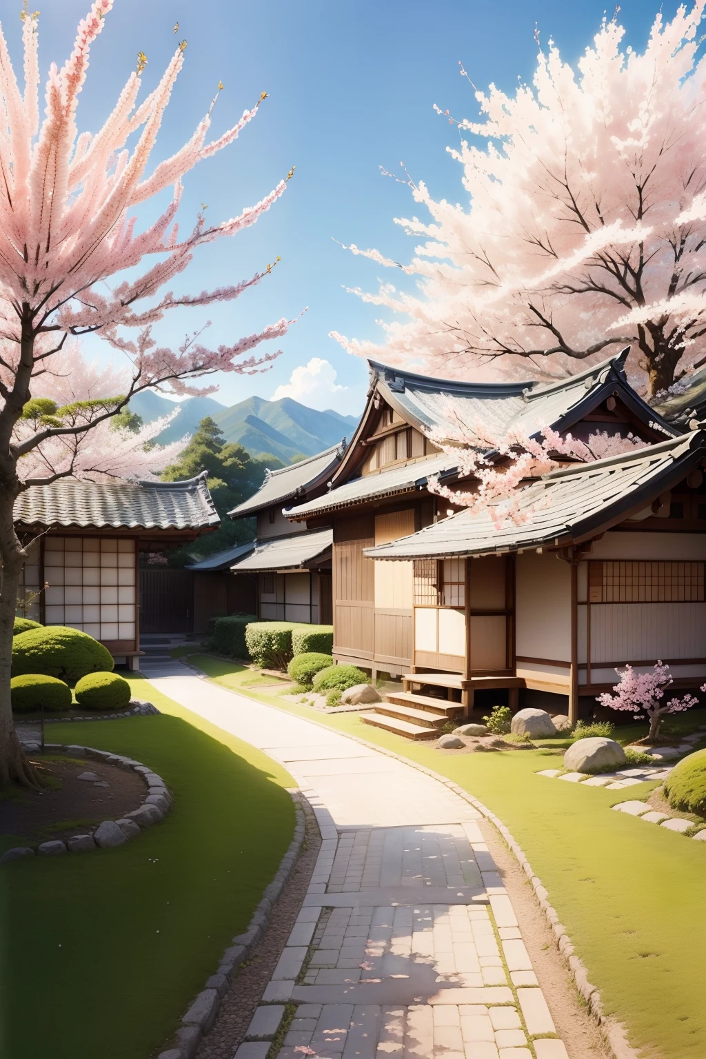Watercolor painting, small path of Japanese rural houses, cherry blossom trees, bonsai trees, bright sun, shade,