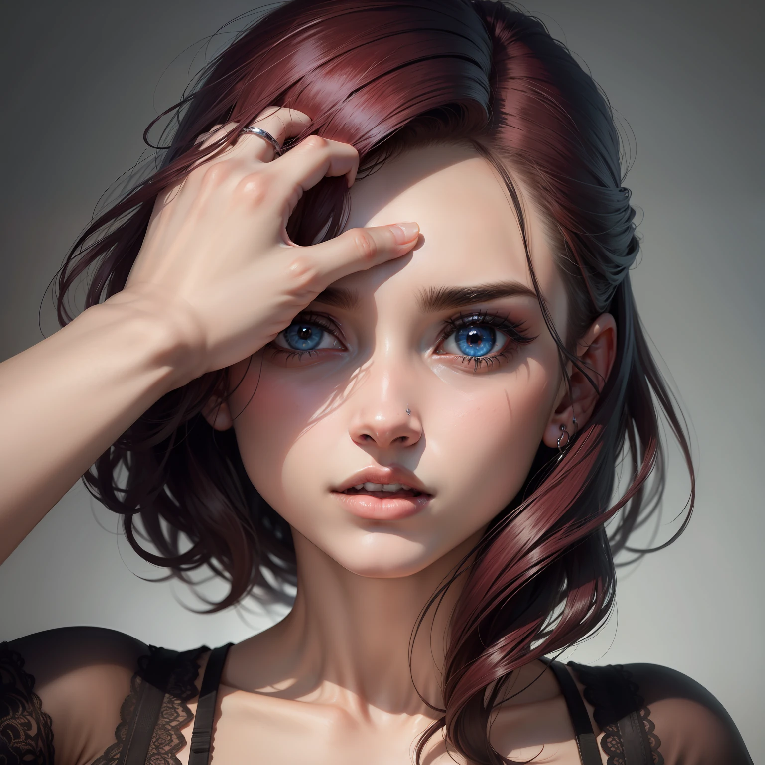 rosto de mulher, cabelos muito claros, com cerca de 25 anos, com olhos castanhos, hand in mouth of fright, olhos arregaladostado e preocupado por estarem falando mal dela