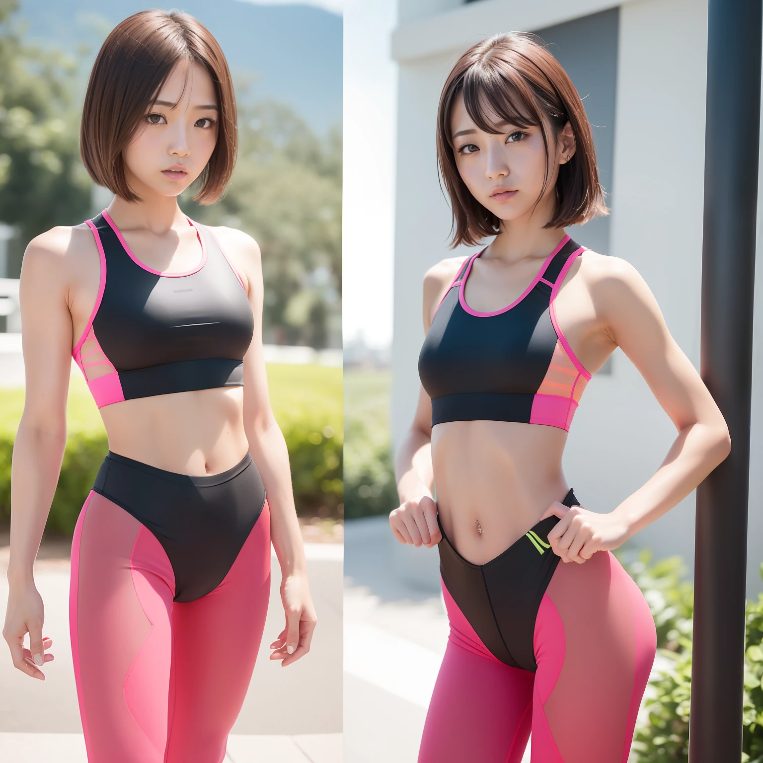 (Solo), (a detailed full-body RAW photo of a girl), (masutepiece:1.0), (Best Quality:1.4), (超A high resolution:1.2), (Photorealistic:1.4), 8K resolution, Canon EOS R5, 50 millimeters, absurderes, ultra-detailliert, (40yo), back focus, Cinematic lighting, Detailed beautiful face, (no-makeup:1.2), (ulzzang -6500-v1.1), petite figure, Detailed skin texture, (flat chest:1.4), (skinny and fit body:1.6), Detailed brown hair, sweltering,(Very short hair:1.5), See Through wear, (neon colour spandex Nike Wet Thin Competition Athletic Wear sports tights:1.5), More transparent, low rise, realistic glistening skin, Detailed texture, (erect nipples:1.5), dynamic pose, (:0.2), Very small, (satomi ishihara:0.9), Cameltoe, well-developed abs,