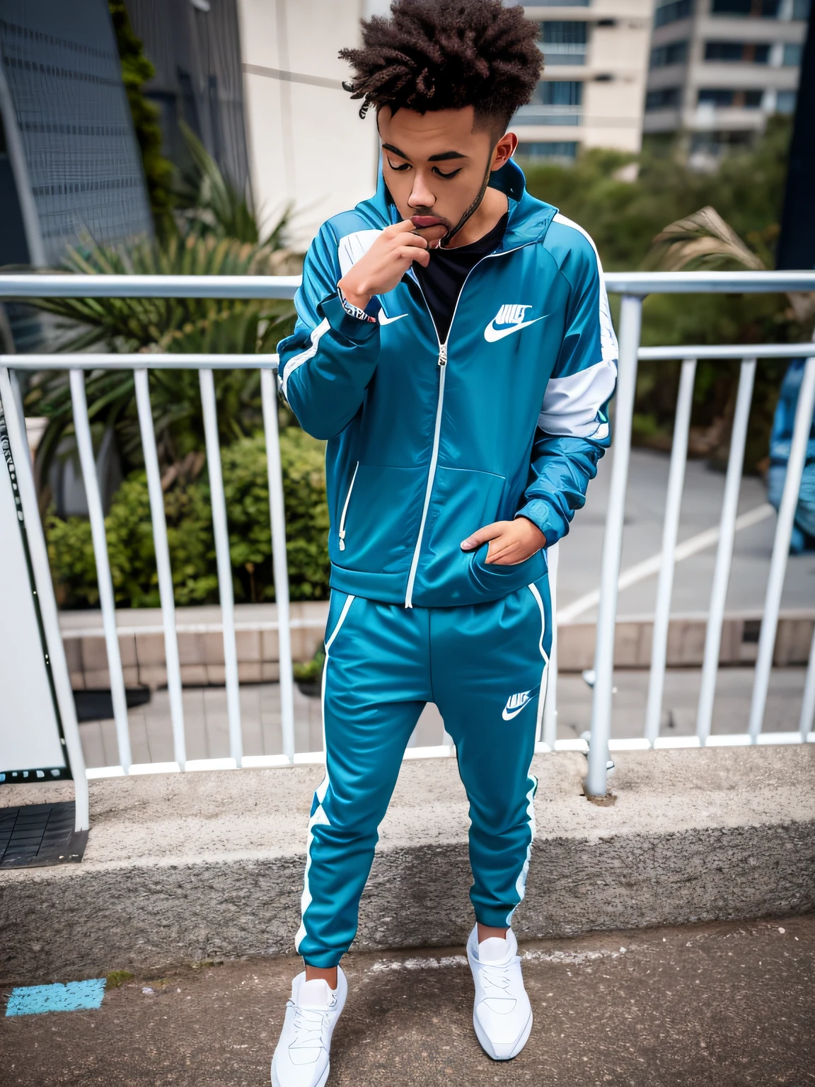 Alafi in a blue and white jacket and blue pants, Wearing track suit, wearing track and field suit, Wearing track suit, track suit, tight light blue neopren suits, Chappi in Nike tracksuits, , 🔥 😎 🕹️ 👀 :2, Wearing Nike clothing, Full body picture, Wearing white Nike shoes