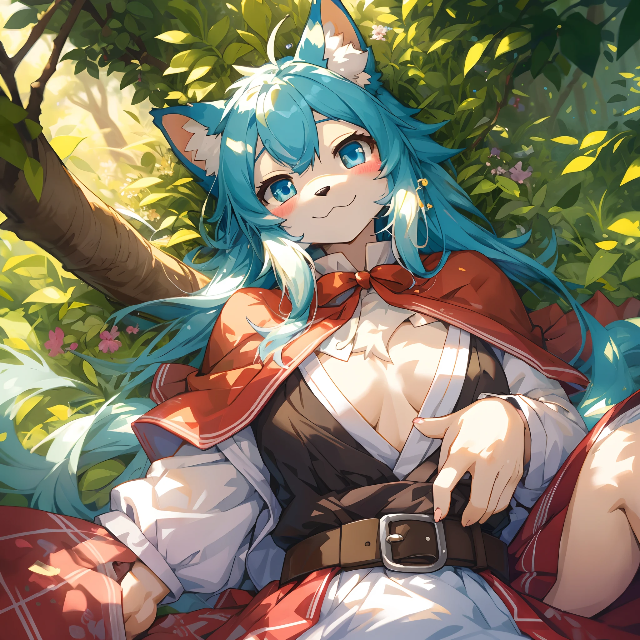 top quality, best quality, High-quality illustrations, masterpiece, super high resolution, detailed background, (super cute girl, solo)Little Red Riding Hood, forest, girl, open Clothes, on back, absurdres(highly detailed beautiful face and eyes)perfect anatomy, expression, good lighting, cinematic shadow, embarrassed, smile:0.2, blush, cinematic shadow(kemono, furry anthro), pov,