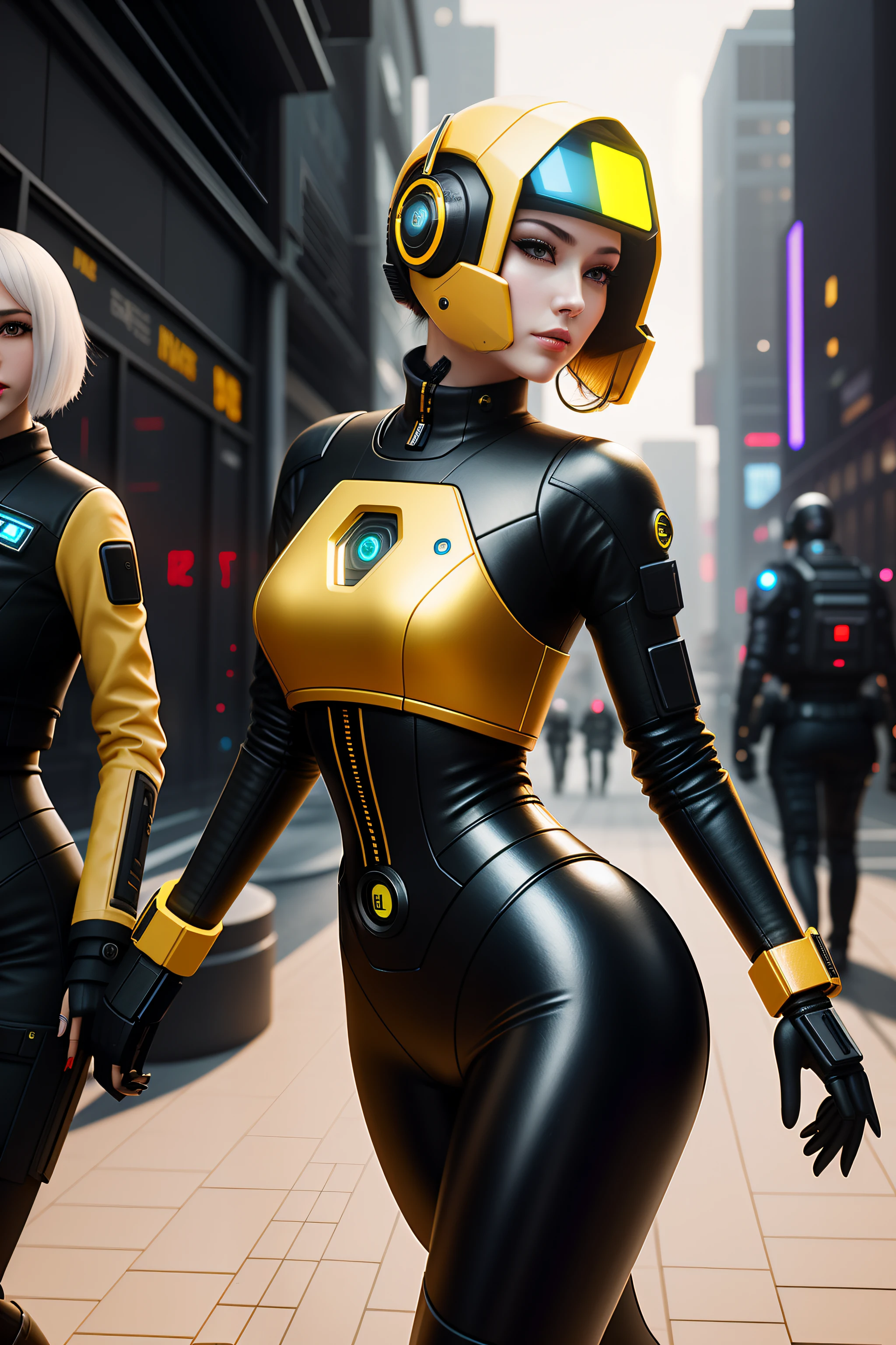 Walking down the street was a woman in a black and yellow suit。。, retrofuturistic female android, ultra detailed female android, Hyper-realistic cyberpunk style, diverse cybersuits, sci-fi android female, cyber suit, Cyberpunk cyborg, Futuristic robot body, Beautiful robot character design, Cyberpunk 2 0 y. o model girl, beautiful android woman, 3 d render beeple,The woman holds a weapon in her hand,the night,cyber punk perssonage