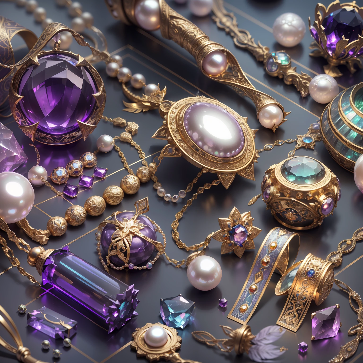 in the style of futuristic，(Full Focus:2),(Everything is laid out in a display case:1.3)，(pearls|hisui|jade|amethyst|sapphires|Gold products|Silver products|Purple gold|Magical jewelry|antiquarian|Red Jewel|diamond|Topaz|:1.3)，Magic symbols，Magic light particle effect，High-tech luxury， High-value jewelry,，High-value metals，luxury goods，Puzzles are prohibited, Detailed and complex background, glittery, reflective light, hyper HD, Award-Awarded, A high resolution, High detail, Chiaroscuro, Cinematic lighting, Masterpiece, Ray traching，structurally correct, Super detail, High quality, High details, Best quality, 16k