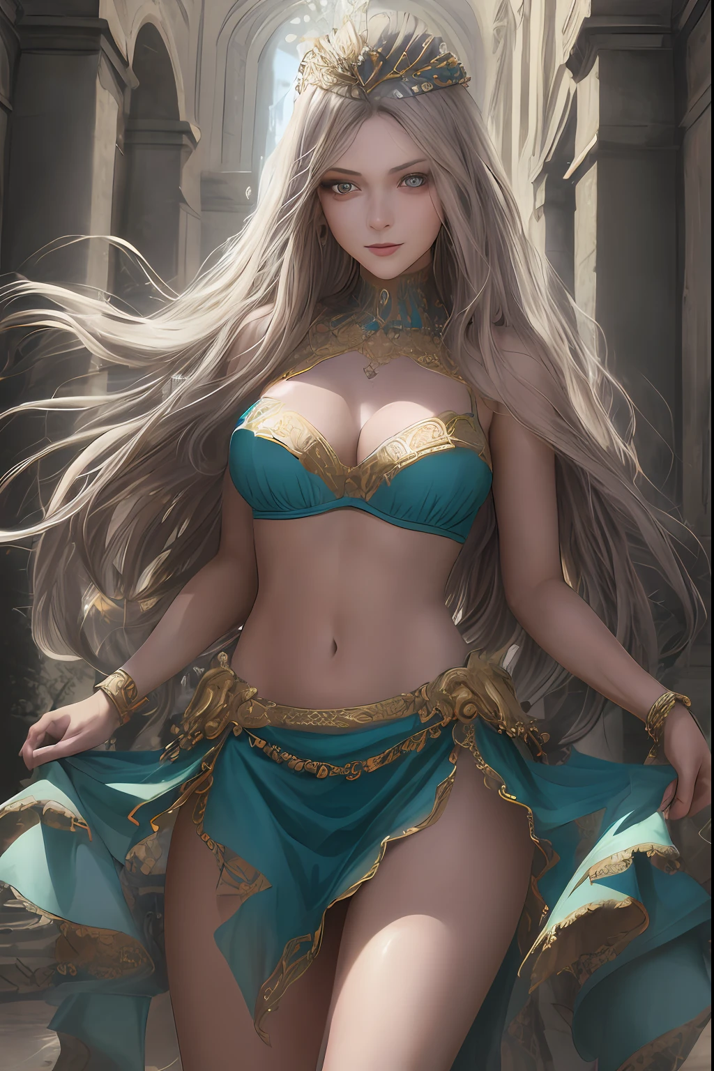 (masterpiece, best quality, realistic),
1girl,(Chateau de Versailles, Pisa Baptistery Of St. John background, Flowers,navel,crowd),(princess eyes,shiny pupils),dancing, intricate,teal hue dress, gold, gypsy person, banquet, picking up skirt,pale skin,
[slight smile],