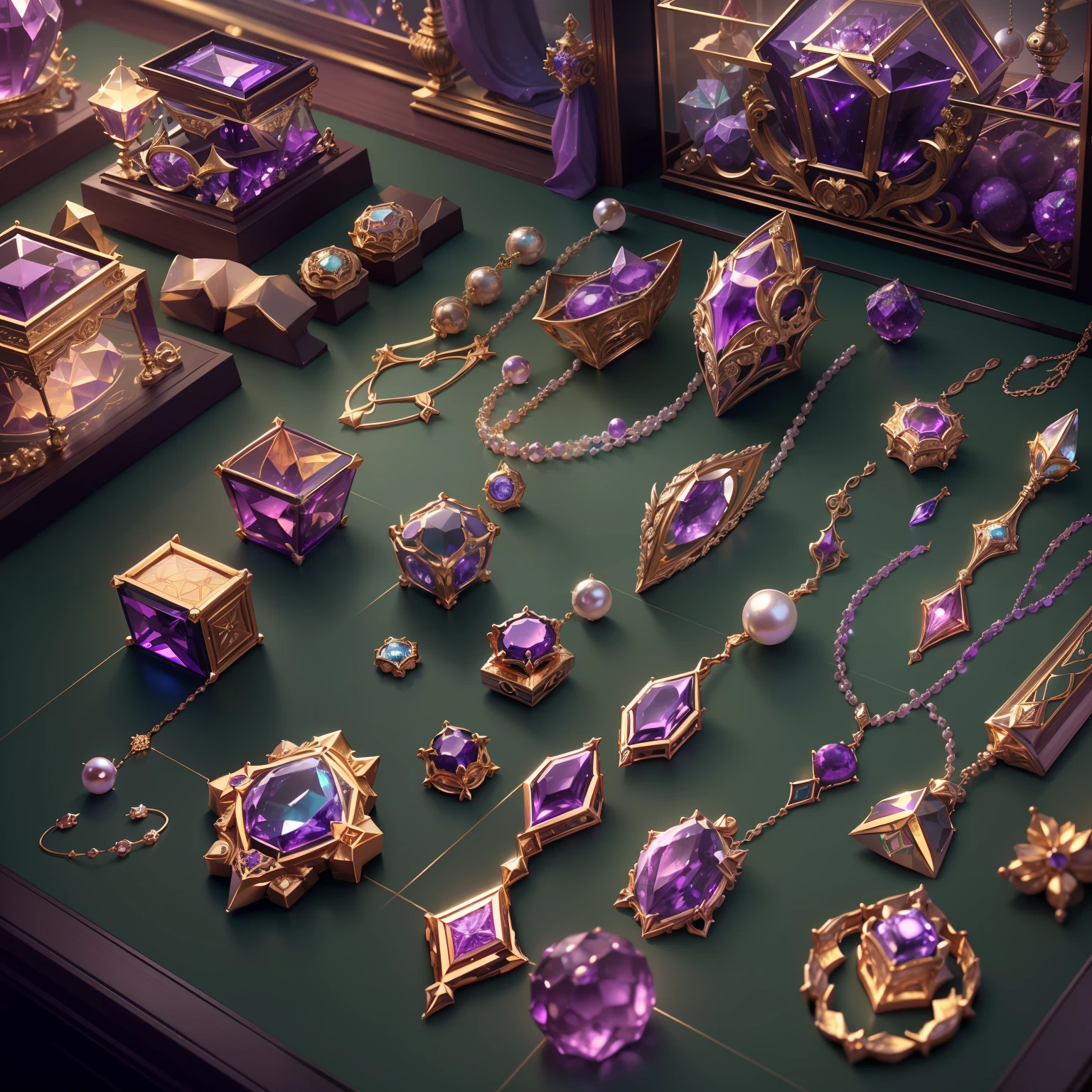 in the style of futuristic，(Full Focus:2),(Everything is laid out in a display case:1.3)，(pearls|hisui|jade|amethyst|sapphires|Gold products|Silver products|Purple gold|Magical jewelry|antiquarian|Red Jewel|diamond|Topaz|:1.3)，Magic symbols，Magic light particle effect，High-tech luxury， High-value jewelry,，High-value metals，luxury goods，Puzzles are prohibited, Detailed and complex background, glittery, reflective light, hyper HD, Award-Awarded, A high resolution, High detail, Chiaroscuro, Cinematic lighting, Masterpiece, Ray traching，structurally correct, Super detail, High quality, High details, Best quality, 16k