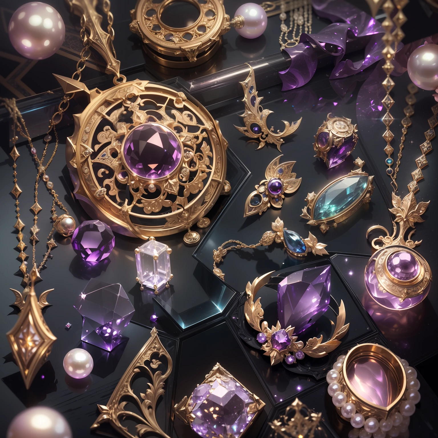 in the style of futuristic，(Full Focus:2),(Everything is laid out in a display case:1.3)，(pearls|hisui|jade|amethyst|sapphires|Gold products|Silver products|Purple gold|Magical jewelry|antiquarian|Red Jewel|diamond|Topaz|:1.3)，Magic symbols，Magic light particle effect，High-tech luxury， High-value jewelry,，High-value metals，luxury goods，Puzzles are prohibited, Detailed and complex background, glittery, reflective light, hyper HD, Award-Awarded, A high resolution, High detail, Chiaroscuro, Cinematic lighting, Masterpiece, Ray traching，structurally correct, Super detail, High quality, High details, Best quality, 16k