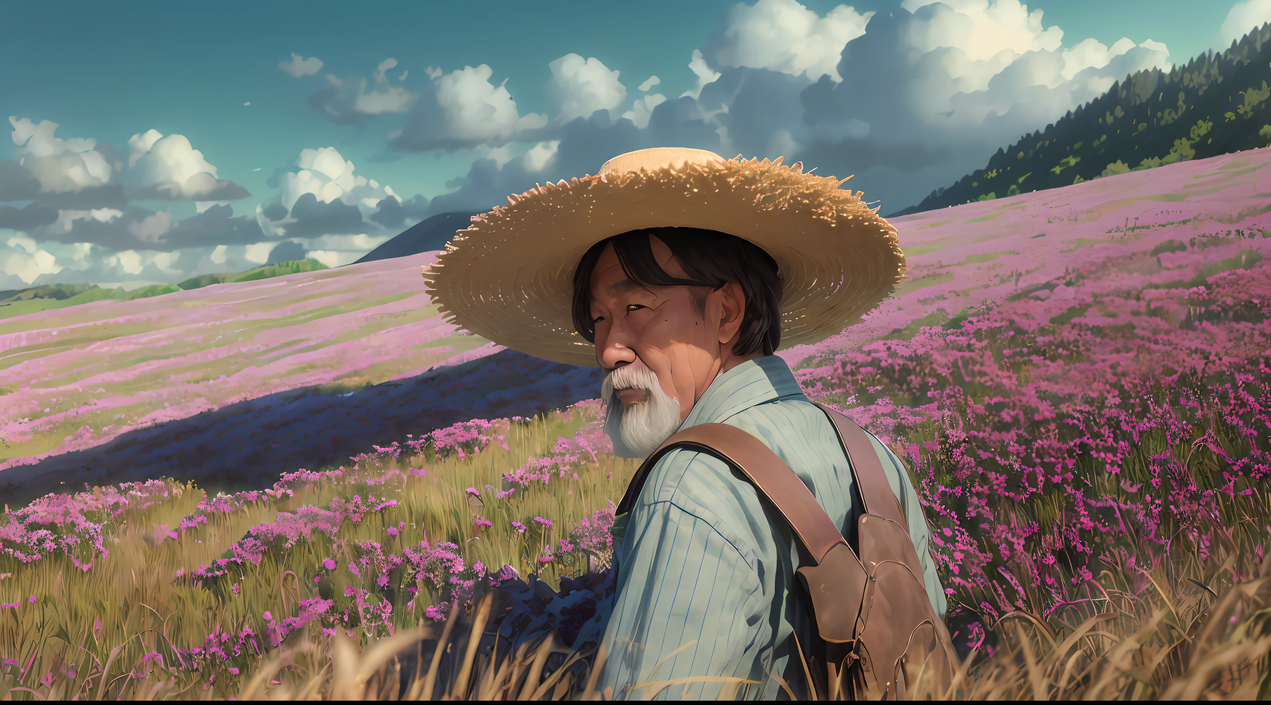 A farmer uncle with a straw hat stands in a wheat field, high detail, big clouds, blue sky, rice field, neat rice seedlings in the field, forest, hillside, secluded, rural, HD detail, hyperdetail, cinematic, surrealism, soft light, deep field focus bokeh, ray tracing and surrealism.