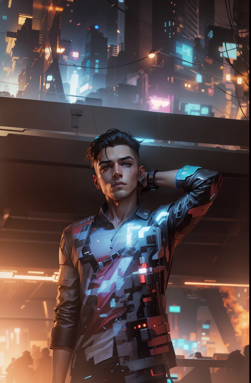 Change background cyberpunk handsome boy, realistic face, 8k, ultra realistic,