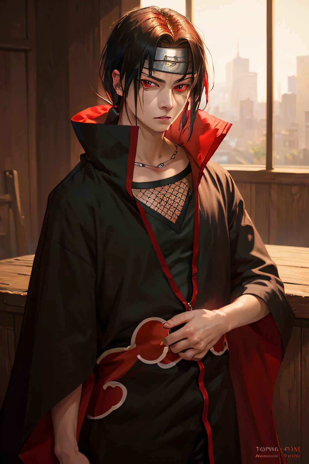 (masterpiece, best quality:1.2), red theme, cowboy shot, solo, male focus, 1boy, uchiha itachi, expressionless, closed mouth, looking at viewer, forehead protector, ninja, cloak, high collar, jewelry, necklace