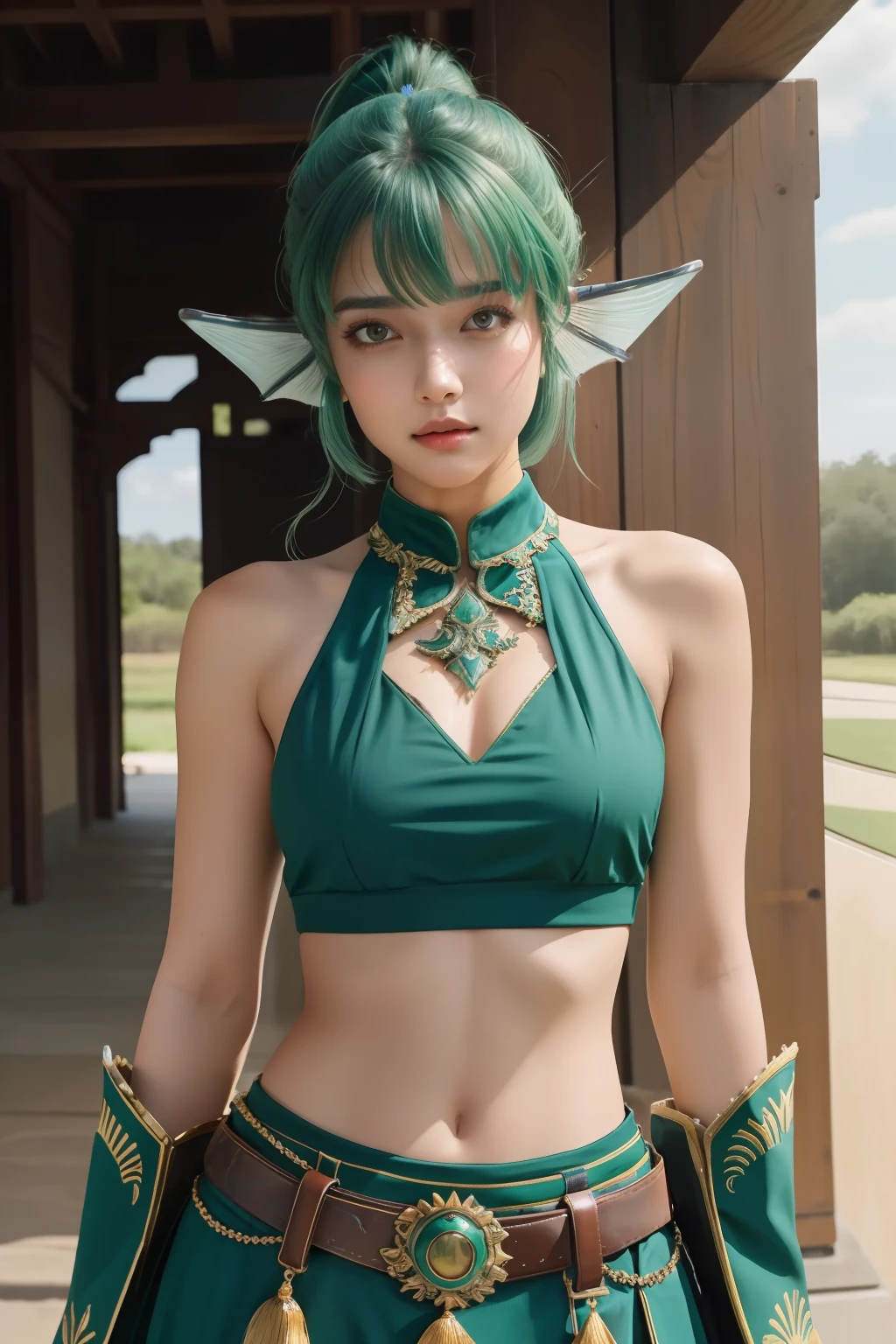 (masterpiece, best quality),  intricate details, 
1girl,  finana, (head fins:1.2), ponytail, green hair, midriff, , navel, long hair, looking at viewer, crop top, cowboy shot hair ornament, medium breasts, bangs,
 anjanath (armor),