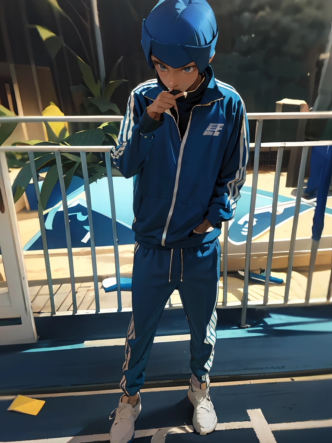 Alafi in a blue and white jacket and blue pants, Wearing track suit, wearing track and field suit, Wearing track suit, track suit, tight light blue neopren suits, Chappi in a Nike tracksuit, 🔥 😎 🕹️ 👀 :2, Wearing a Nike costume,Wear white Nike shoes。Cigarette in hand Full body picture