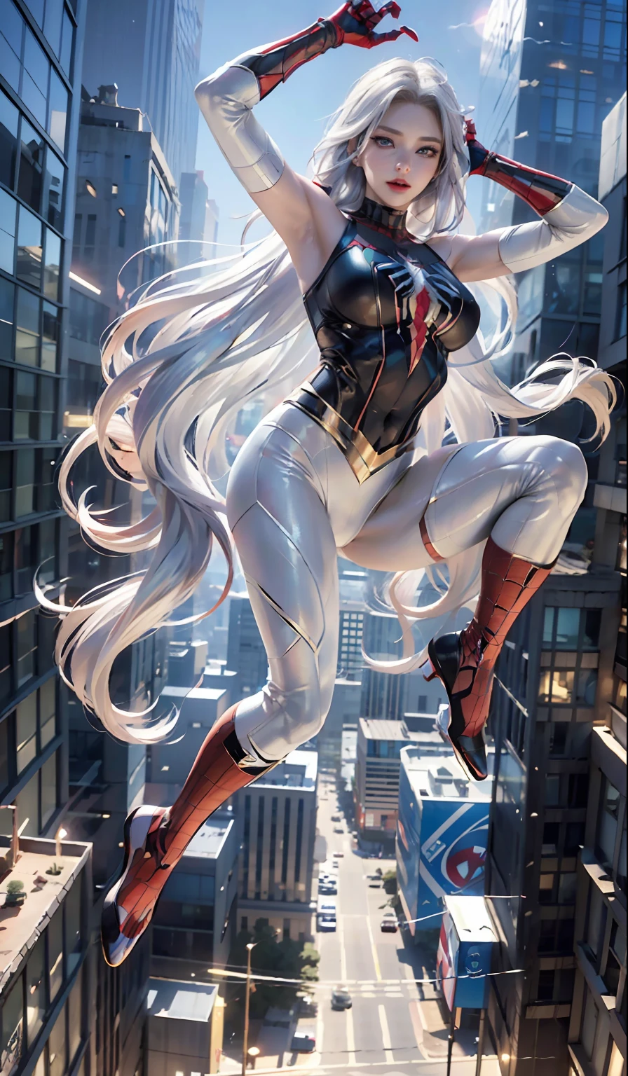 (Masterpiece, 4k resolution, ultra-realistic, very detailed), (White superhero theme, charismatic, there's a girl on top of town, wearing Spider-Man costume, she's a superhero), [ ((25 years), (long white hair:1.2), full body, (blue eyes:1.2), ((Spider-Man pose),show of strength, jumping from one building to another), ((sandy urban environment):0.8)| (cityscape, at night, dynamic lights), (full moon))] # Explanation: The Prompt mainly describes a 4K painting of ultra-high definition, very realistic, very detailed. It shows a superheroine at the top of the city, wearing a Spider-Man costume. The theme in the painting is a white superhero theme, the female protagonist has long white hair, is 25 years old and her entire body is shown in the painting. In terms of portraying the actions of superheroines, spiders are employed