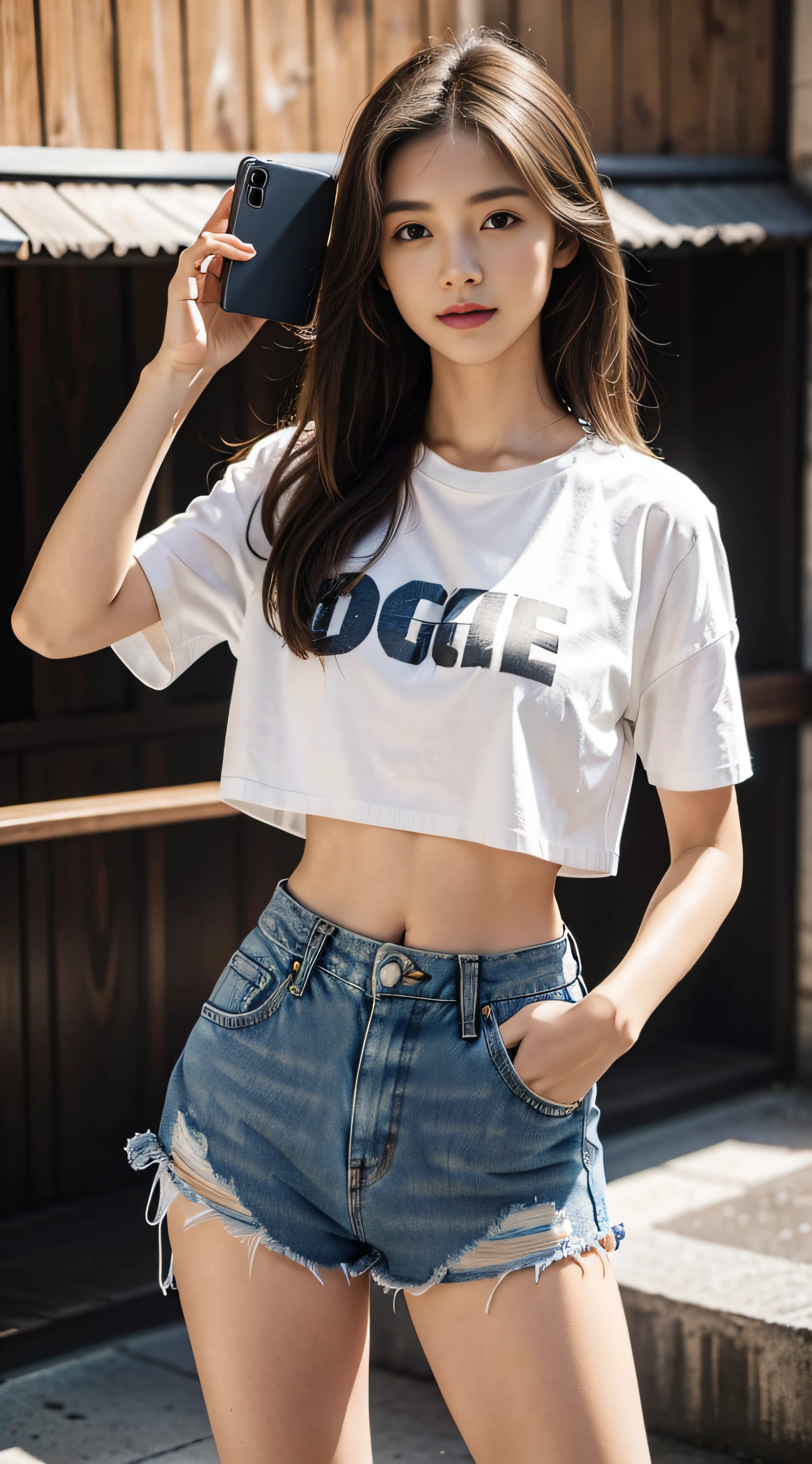 1 girl, solo, phone, shorts, cell phone, long hair, denim, brunet, iphone, midriff, navel, selfie, denim shorts, shorts, holding the phone, torn clothes, truncated, reality, holding, brown eyes, white shirt, crop top shirt, looking at the audience, shallow smile, real photo, HD texture,