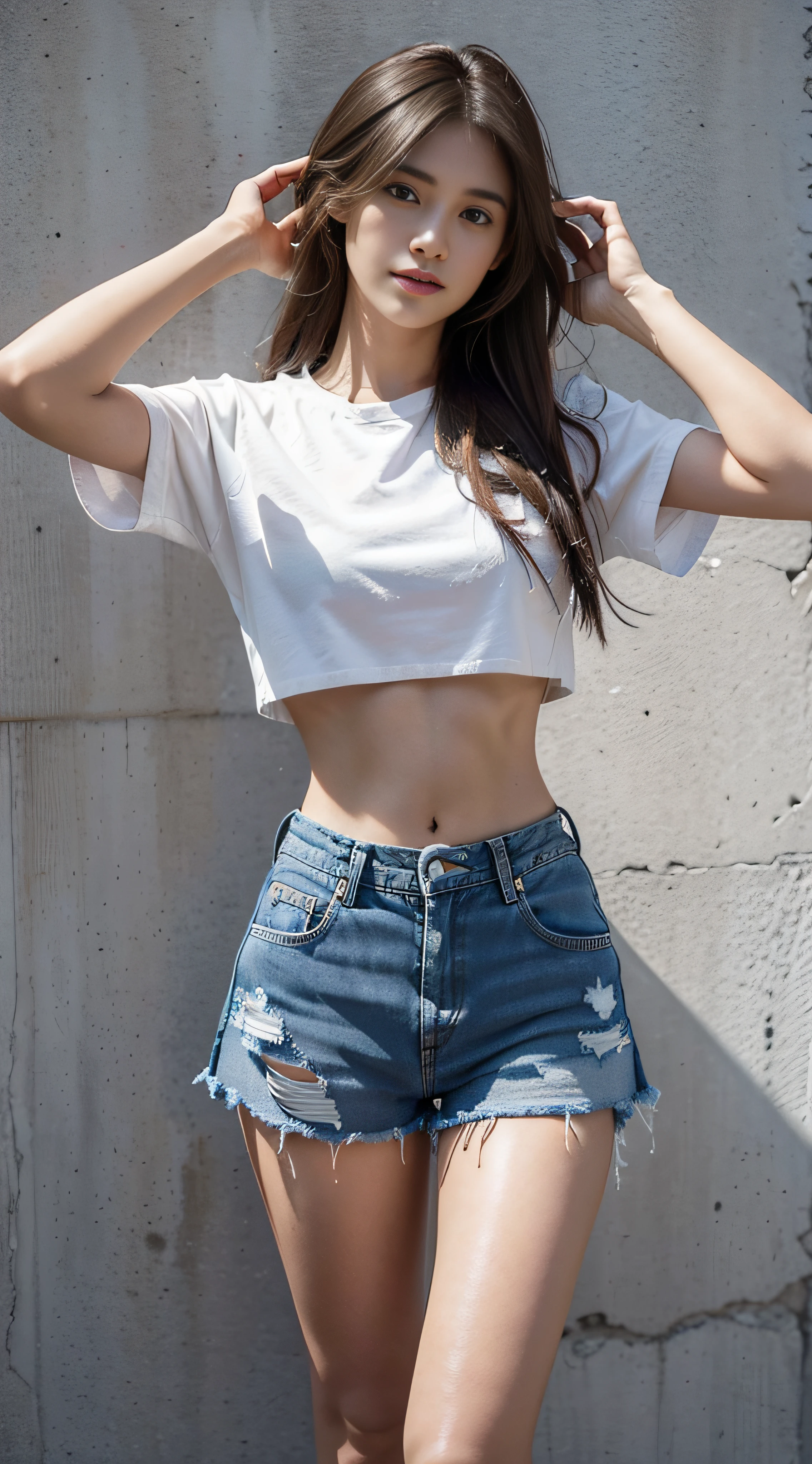 1 girl, solo, phone, shorts, cell phone, long hair, denim, brunet, iphone, midriff, navel, selfie, denim shorts, shorts, holding the phone, torn clothes, truncated, reality, holding, brown eyes, white shirt, crop top shirt, looking at the audience, shallow smile, real photo, HD texture,