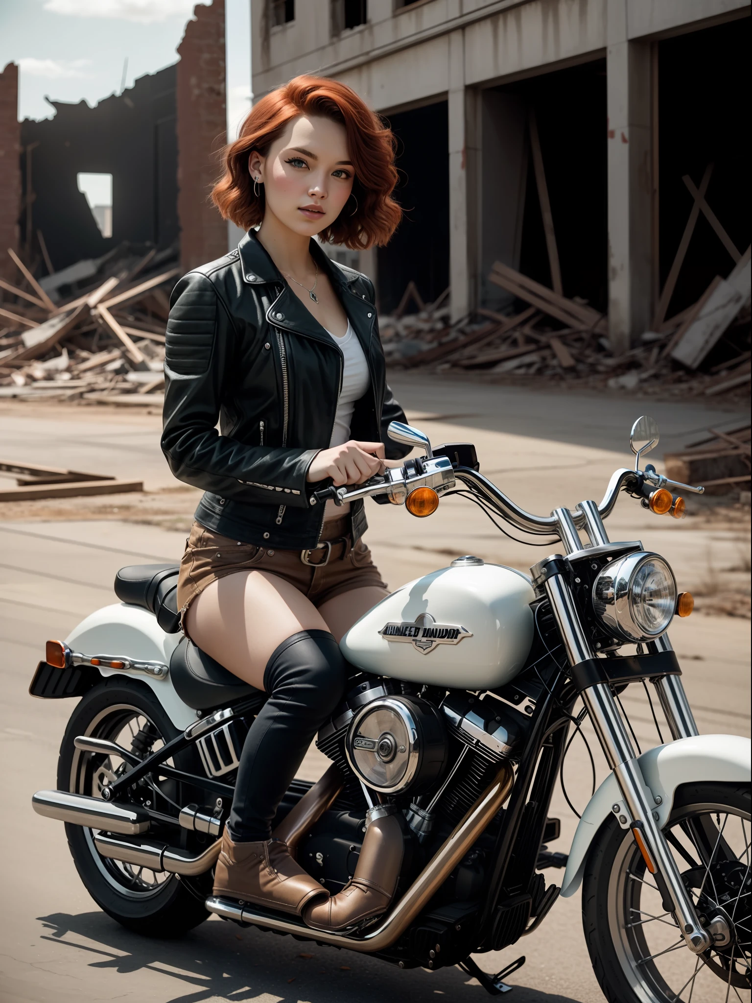 beautiful girl on a Harley-Davidson motorcycle, 35 y.o woman in wastelander clothes, redhair, short haircut, pale skin, slim body, background is city ruins, (high detailed skin:1.2), 8k uhd, dslr, soft lighting, high quality, film grain, Fujifilm XT3