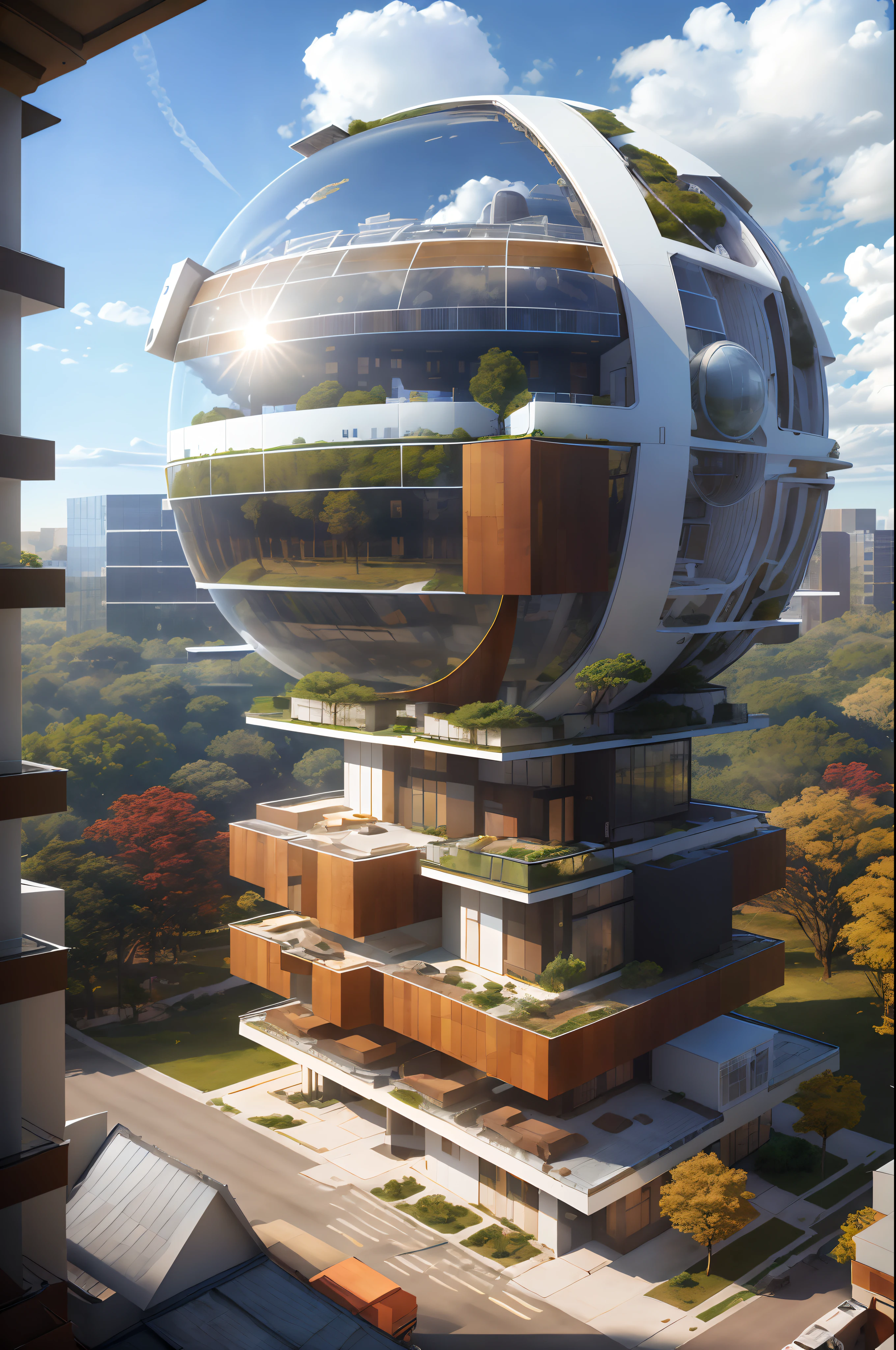 high solar energy technology, modern architecture, scientific home, semi-spherical exterior home, metallic, forest, daylight, sky, white cloud, realistic, futuristic, 8K, masterpiece, best quality, high resolution, extremely full detailed,