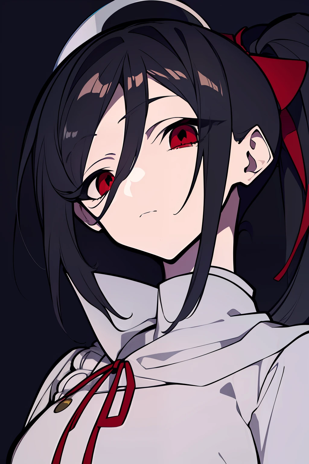 (Anime style), Masterpiece, 8K, Best quality, 1girll, Female, mature, Portrait,  Repair thousands of uniforms, Shinomiya Kaguya, Red ribbon, ribbon, school uniform, dress, Black hair, Solo, folded ponytail, Hair ribbon, Red eyes, side locks, Parted bangs, view the viewer, facingviewer, Dim light, Upper body,  From below,  Portrait, Looking down, Dark light, (Dark background:1.7), black, Night, Face-oriented viewer, salama, Blank background, Empty eyes, (Face Shadow:1.3), (Empty eyes:1.3), Hand closed, (Looking up:1.2), Shadows,  (Right hand down:1.6),