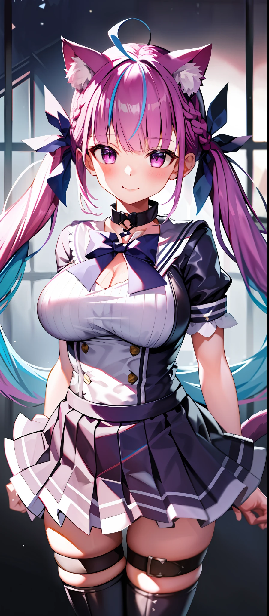 masterpiece, best quality, high resolution, side lighting, 1 girl, aqua minato, virtual youtuber, tail, animal ears, cat ears, long hair, purple eyes, braid, ahoge, cat tail, skirt, multicolor hair, twin braids, blue hair, two tone hair, hair band, tail topper, tail ribbon, pink hair, anchor hair topper, ribbon, sailor collar, school uniform, pleated skirt, bow, kitten, twin pigtails , big boobs, bangs, upper body, smile, 1 girl, toned, sharp cat ears, cat tail, cosmic powers, HD, masterpiece, vibrant, boots black, dead expression, purple thin armor, full body view