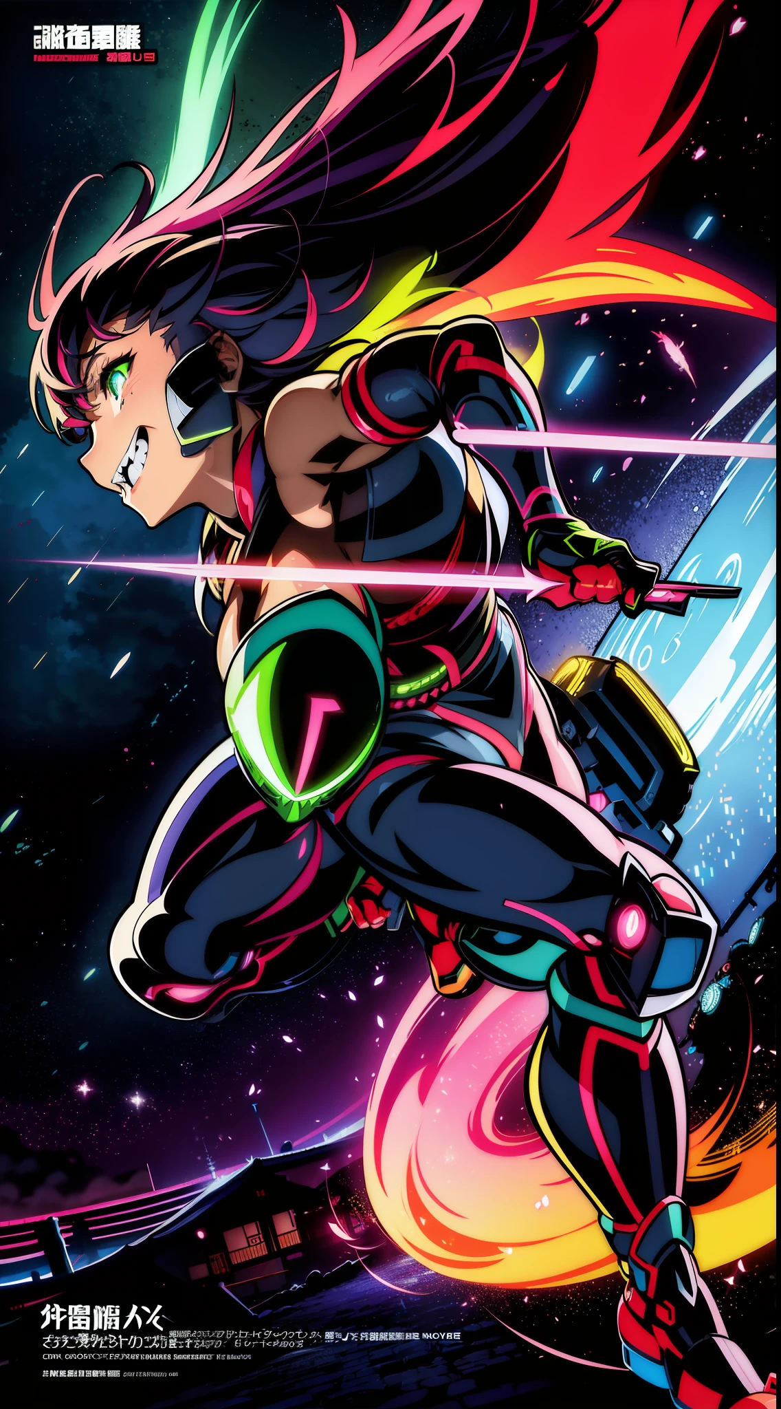 Ninja、Electromechanical、silhuette、cyberpunked、A logo、mechanic、heroic、traffic jam、knifes、Vivid Color、Back alley、Luminous Eyes、Flying shurikens、Acrobatic poses、One Ninja、Aura of green flame、A Japanese style、TOKYOcty、Neon Street、masks、Luminous Eyes、Activate the jutsu、The afterimage of movement is expressed in neon colors.、Crazy smiling ninja、