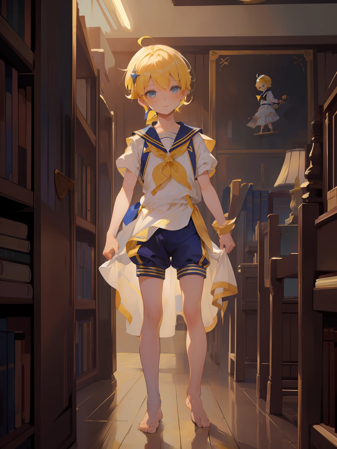 (8K),A little prince with yellow hair and blue eyes,short detailed hair,short detailed hair,short detailed hair,The barefoot,a sailor suit,libraryai