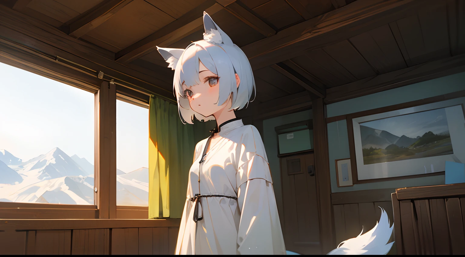 top-quality、hight resolution、detaileds、Beautiful girl with wolf ears and tail、In a mountain hut during the day、beautiful  Girl、white short-haired、lightly dressed、Standing、Upper body is shown、