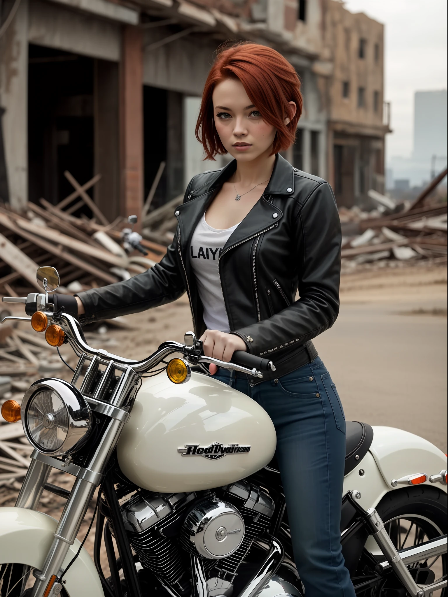 beautiful girl on a Harley-Davidson motorcycle, 35 y.o woman in wastelander clothes, redhair, short haircut, pale skin, slim body, background is city ruins, (high detailed skin:1.2), 8k uhd, dslr, soft lighting, high quality, film grain, Fujifilm XT3