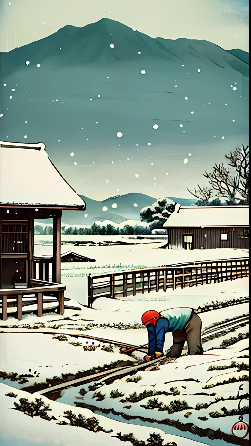 snow landscape,yamamura,in the early morning,Men work,cultivated land,best qualityer,tmasterpiece,offcial art。