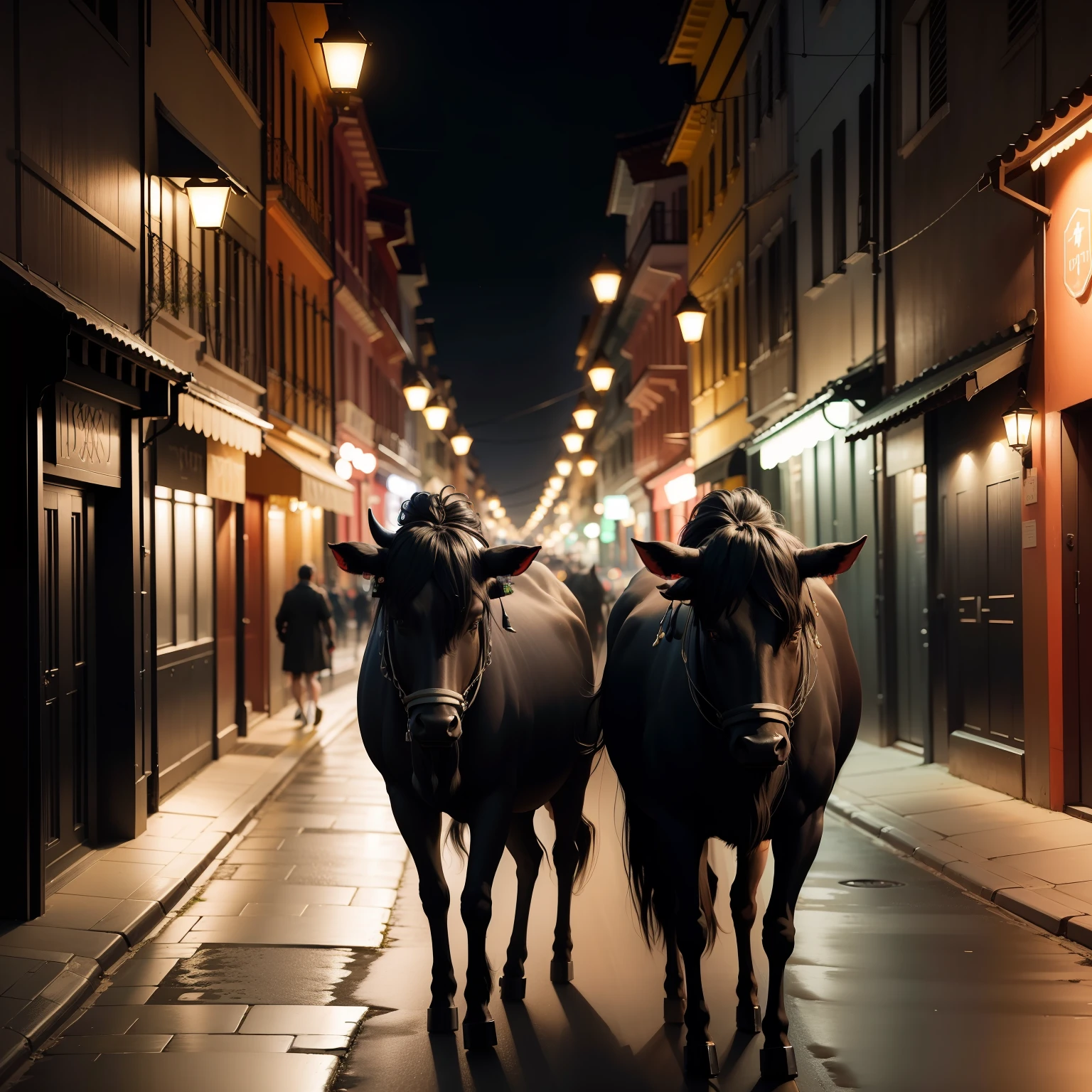 Rua, noite, several black oxen without face only silhouette with horns, alguns bois tem forma humana, Some cars are parked near the oxen, ultra realista, 16K, hiper realista, All the oxen are looking forward
