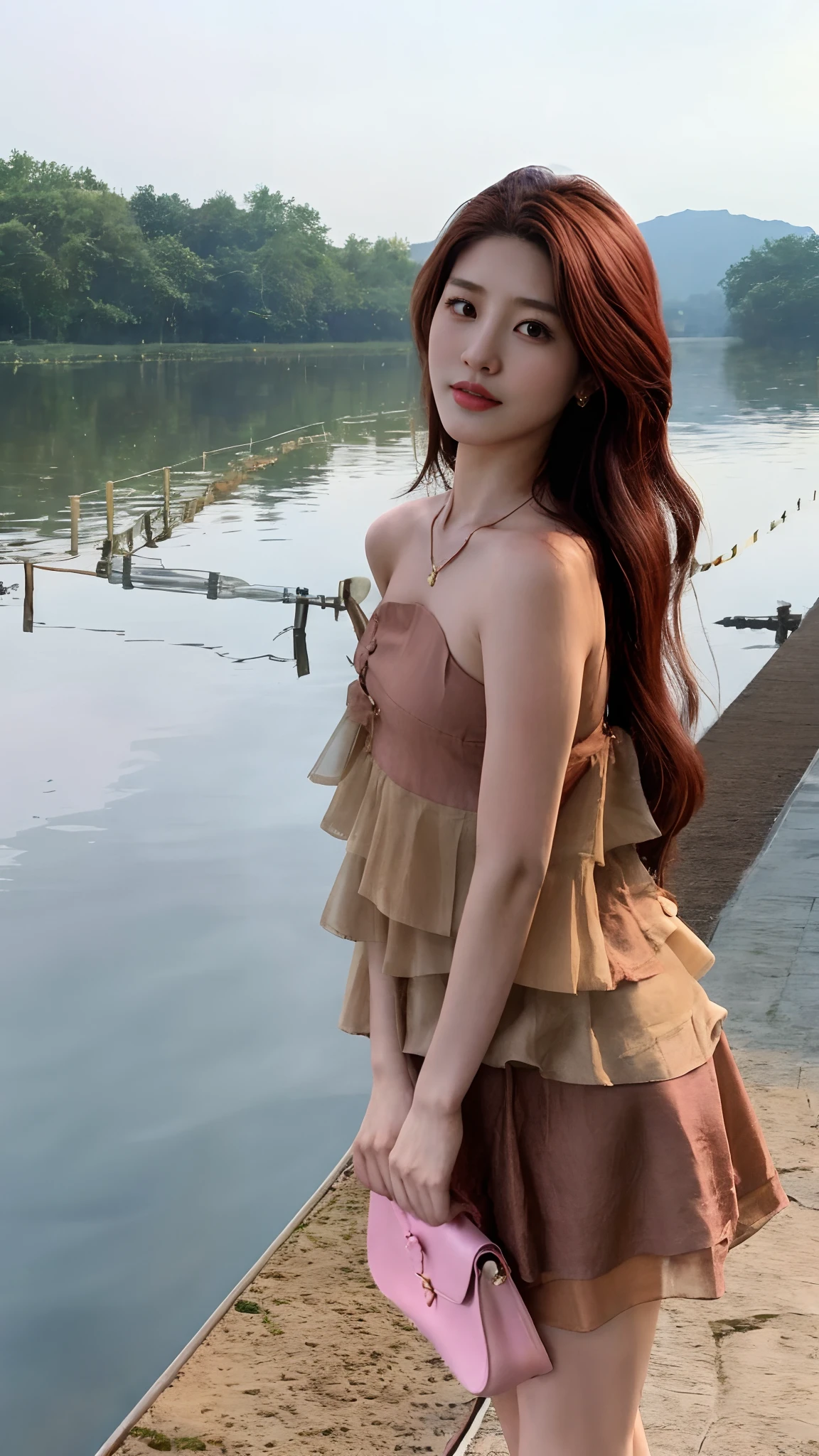 Araki woman standing on the dock,Holding a pink purse, xintong chen, brown hair, Bandeau dress, floating dress, bae suzy, leaked image, Choi Hyun-hwa, wenfei ye, Tumblr, With long hair, soft silk dress, very low quality, 19-year-old girl, very very low quality, chiho