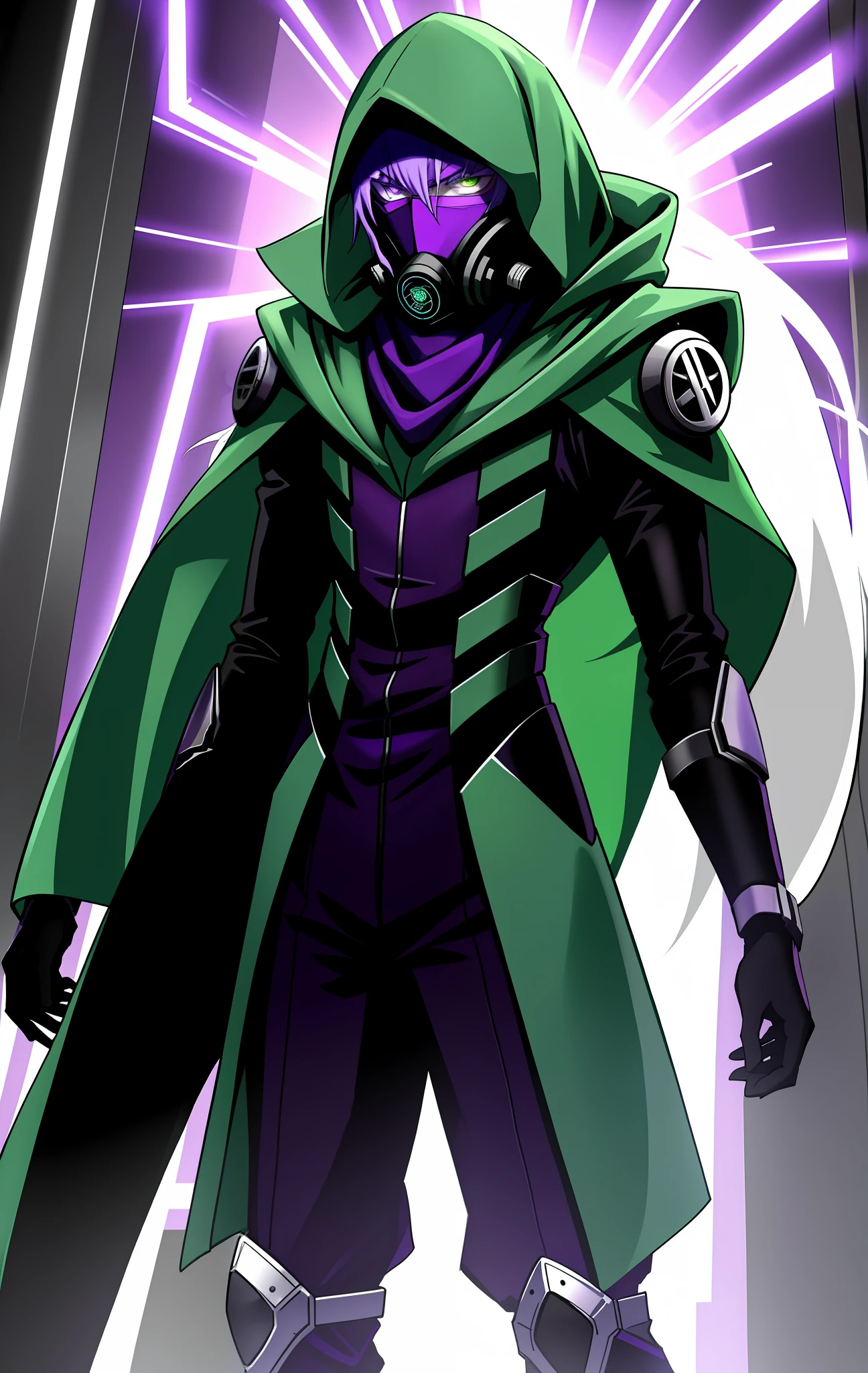 male, 20 years old, pale skin, long white hair, radiation containment suit, evil look, green eyes, very thin, ill, with hood, black suit, with purple smoke around, with purple scarf, wearing gas mask with tubes that connects with clothing, villain, with cylinders on the back