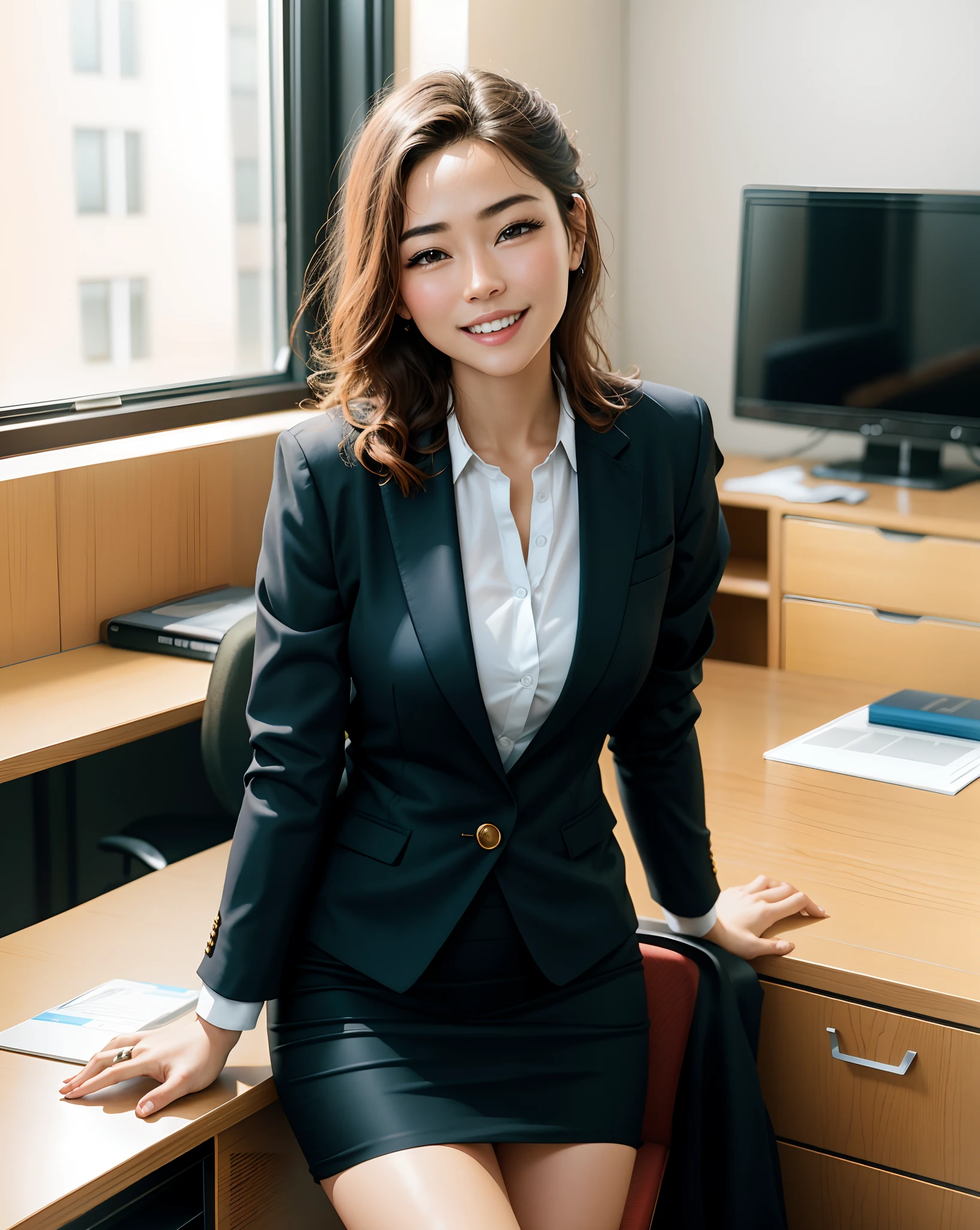 On your desk in the office、close up of 1 woman、35mm masterpiece、black suits、a smile、skirt by the
