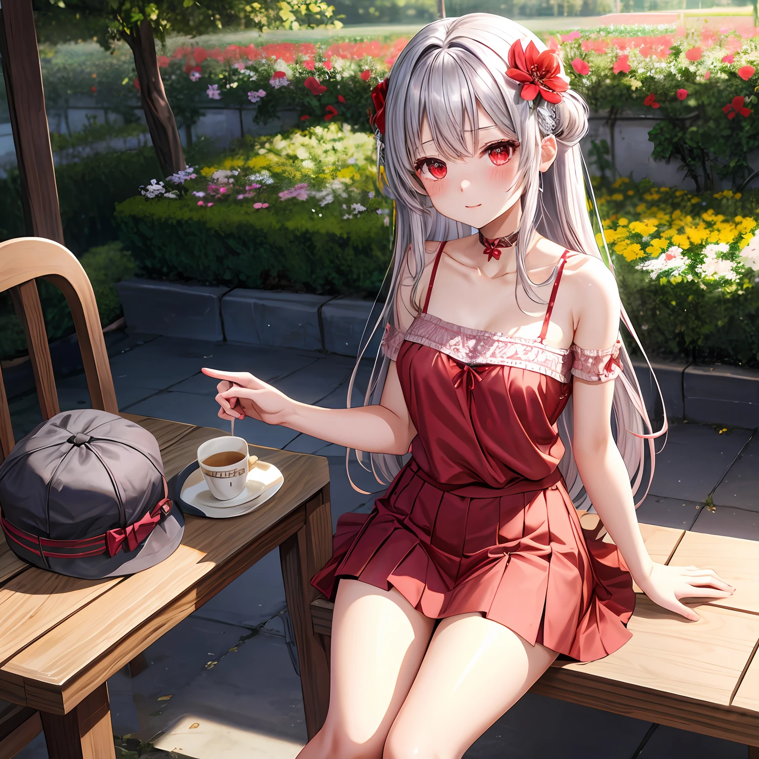 silber hair、red eyes、One pretty girl、独奏、animesque、flower  field、red blush、Camisole、a miniskirt、Sitting on a chair、Underwear is slightly visible