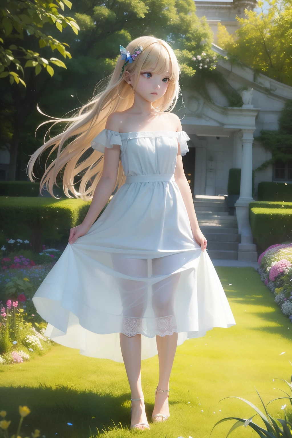 1girl, solo, full body, (masterpiece:1.21), (best quality:1.2), colorful, (illustration:1.2), (cinematic lighting:1.1), (bare shoulders:1.21), (collarbone:1.21) in this whimsical A beautiful and dreamlike garden, the scene is illuminated by a rainbow (colorful fireflies) dancing in the air. Pastel (drizzle) adorns the garden, creating a hazy and ethereal atmosphere. In the center of the picture, stands a single girl, an extremely beautiful girl, with lovely facial features and an innocent expression. Her long hair fluttered in the wind. She wore a low-cut strapless dress that accentuated her curves. The lighting is very delicate and beautiful, creating a soft warm glow that accentuates the water and makes it sparkle like a diamond. The finest grasses are also illuminated to create a lush carpet. The garden is surrounded by colorful flower fields with flowers of all colors and shapes. Various colors and sizes (coloured butterflies) can be seen flying around the scene, adding to the overall sense of wonder and magic. (Everyone, judges), a blush can be seen on the bridge of the nose, and the mouth is slightly opened, which adds to the overall sense of innocence and youth. Falling petals can be seen waving around her, adding to the overall sense of romance and beauty. The breeze is blowing, the leaves are rustling, and the flowers are swaying, adding to the overall dynamism and vitality. It is a scene of pure wonder and magic, full of color and beauty, where the viewer can lose themselves in this enchanting and captivating world.
