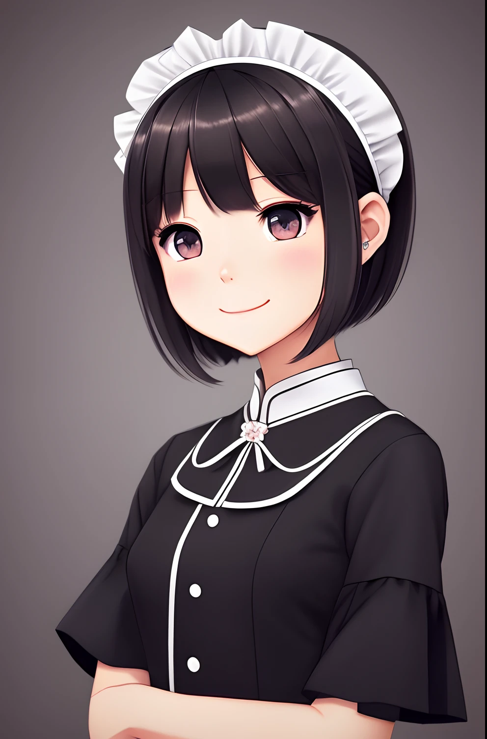 Kawaii realistic portrait, Cute detailed digital art, Guviz-style artwork, Guviz, adorable digital art, Cute natural anime face, lovely digital painting, Guweiz on ArtStation Pixiv, Guweiz in Pixiv ArtStation,A short black haircut,(((The eye is the camera))),The neck is slightly tilted,Hands behind your back,Keep smiling,Wearing a maid outfit。
