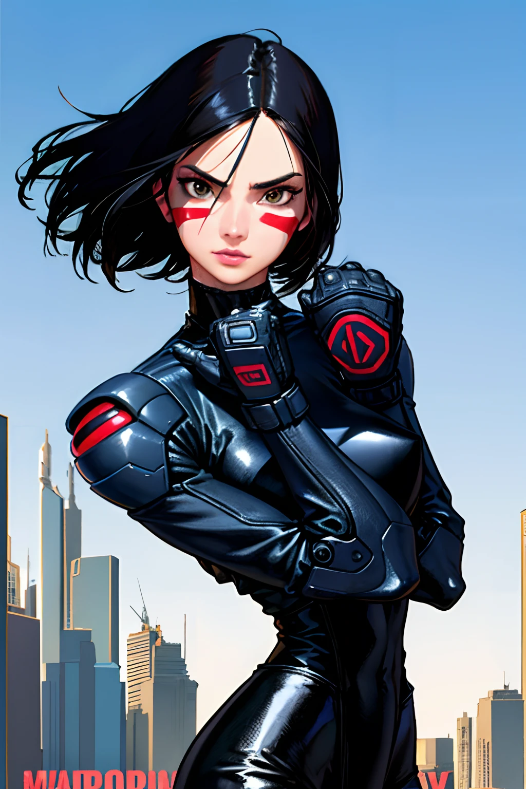 short hair, black hair, brown eyes, leotard, black gloves, facial mark, (mechanical arms), cyberpunk, red facepaint, android, gally, 1girl, masterpice, high quality, best quality, good body, good hands and fingers, official art, (perfect face and eyes), (perfect hands), (nice face), (nice hands), (solo), ((city)), people, science fiction, squatting, looking at viewer,