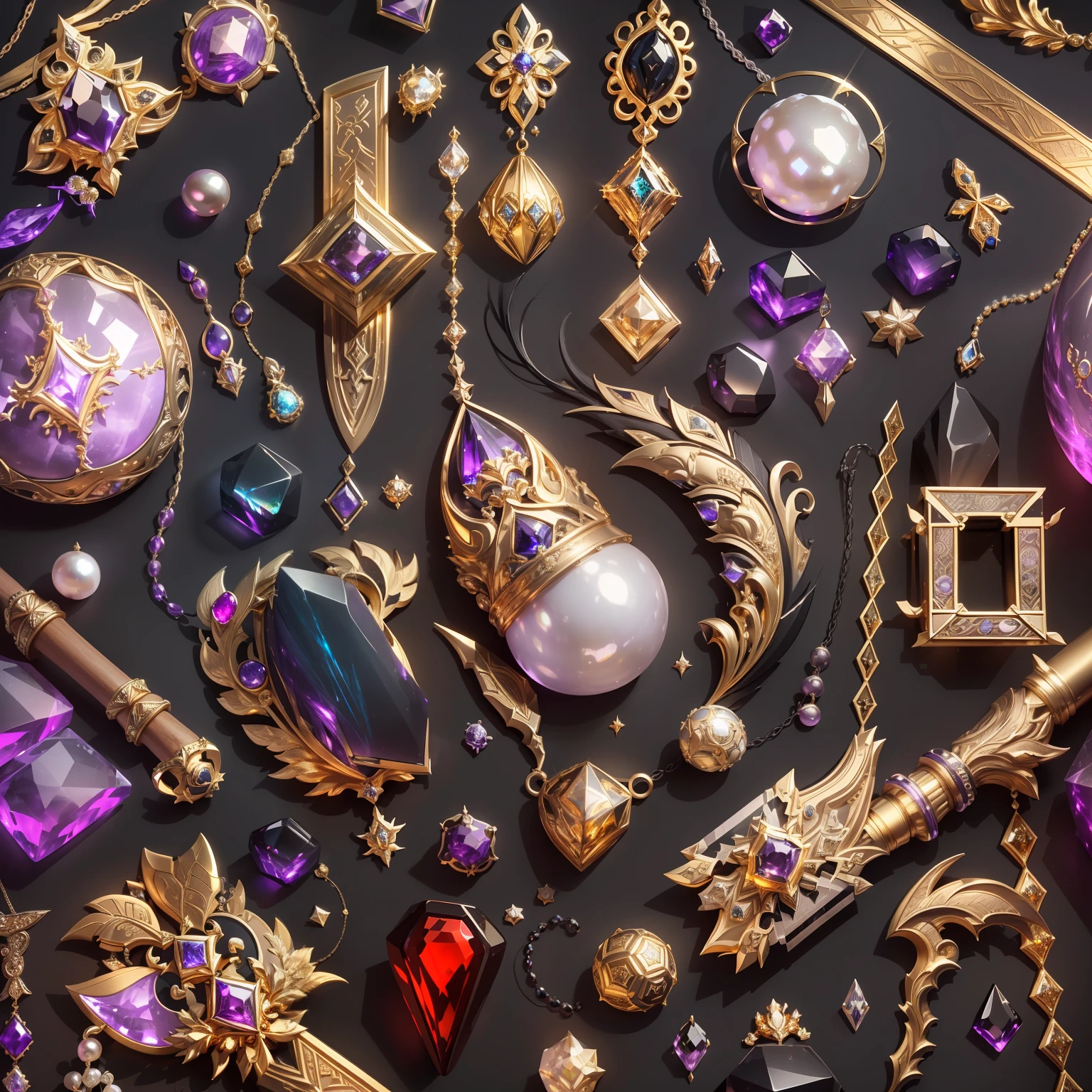 in the style of futuristic，(Full Focus:2),(Everything is laid out in a display case:1.3)，(ore|Luxurious weapons|obsidian|pearls|hisui|white jade|amethyst|sapphires|Gold products|Silver products|Purple gold|Magical jewelry|antiquarian|Red Jewel|diamond|topaz|:2)，Magic symbols，Magic light particle effect，High-tech luxury， High-value jewelry,，High-value metals，luxury goods，Puzzles are prohibited, Detailed and complex background, glittery, reflective light, hyper HD, Award-Awarded, A high resolution, High detail, Chiaroscuro, Cinematic lighting, Masterpiece, Ray traching，structurally correct, Super detail, High quality, High details, Best quality, 16k