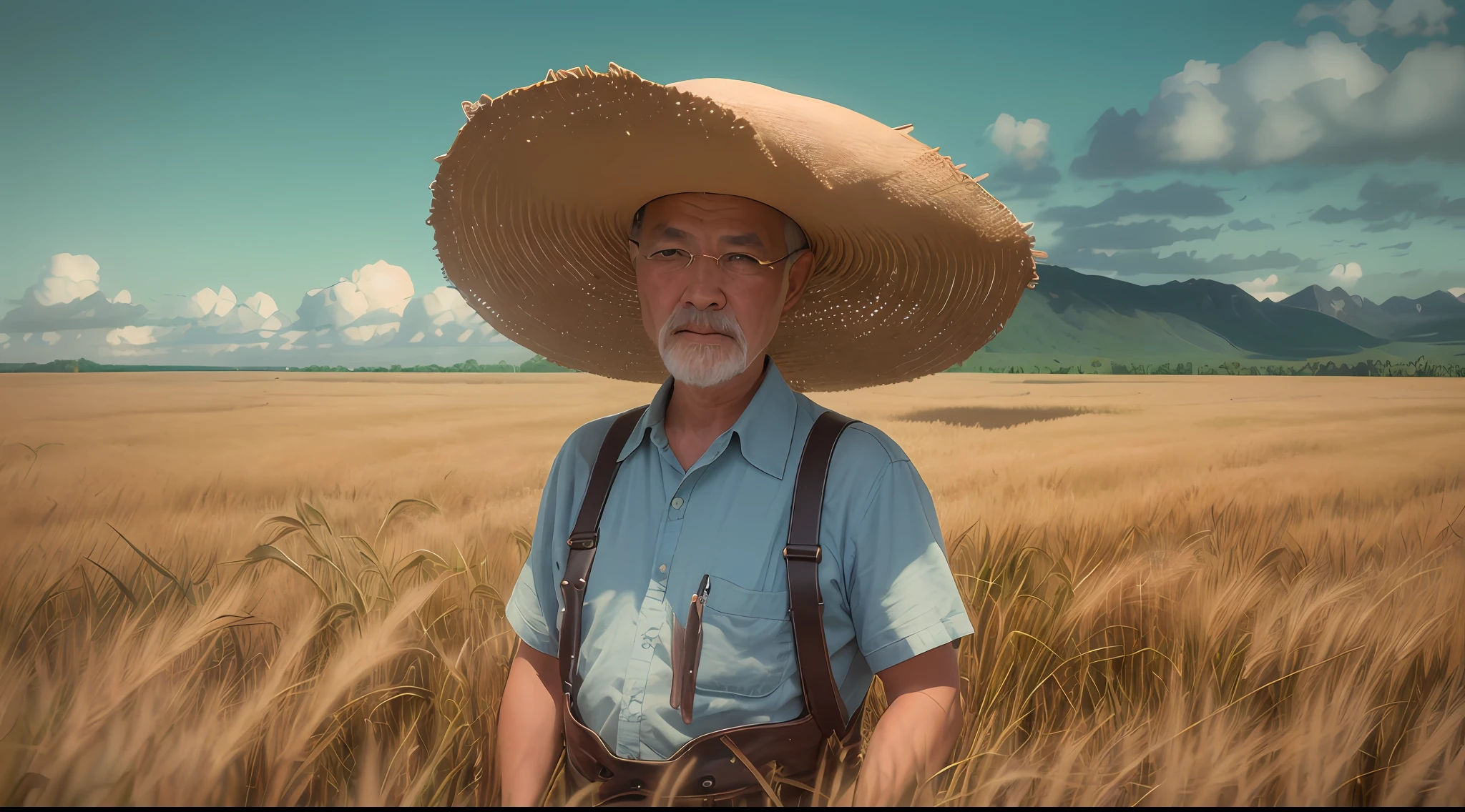A farmer uncle with a straw hat stands in a wheat field, high detail, big clouds, blue sky, rice field, neat rice seedlings in the field, forest, hillside, secluded, rural, HD detail, hyperdetail, cinematic, surrealism, soft light, deep field focus bokeh, ray tracing and surrealism.