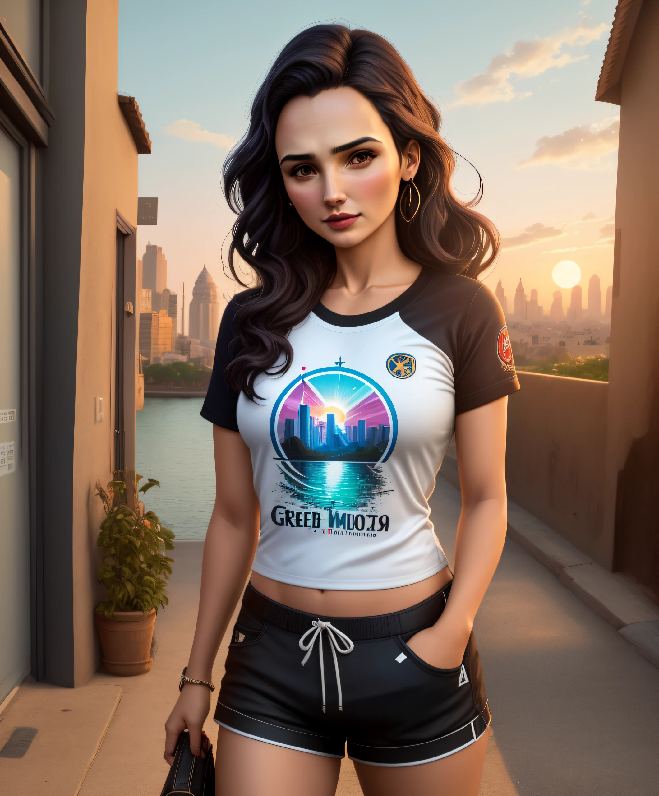 design de camiseta, fundo preto, Arte centralizada, 3D, vetor, respingos de cores vivas, detalhes intrincados, Retrato realista de [Pedro Pascal: Gal gadot: 0,5], tarde de por do sol, cidade do cairo, Anel luminoso, edge vinheta, Greg Rutkowski