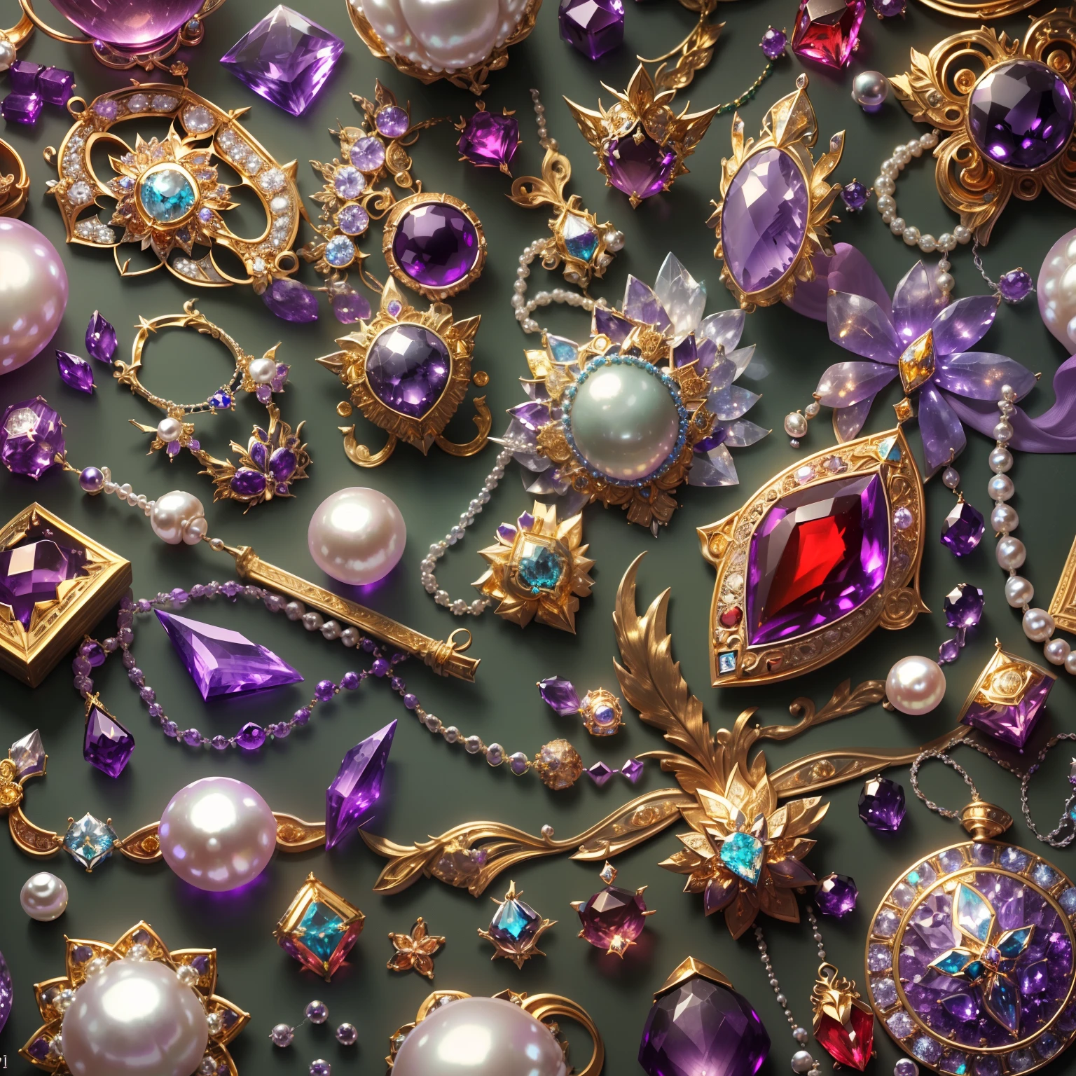 in the style of futuristic，(Full Focus:2),(Everything is laid out in a display case:1.3)，(pearls|hisui|Jade|amethyst|sapphires|Gold products|Silver products|Purple gold|Magical jewelry|antiquarian|Red Jewel|Diamond|topaz|:2)，Magic symbols，Magic light particle effect，High-tech luxury， High-value jewelry,，High-value metals，luxury goods，Puzzles are prohibited, Detailed and complex background, glittery, reflective light, hyper HD, Award-Awarded, A high resolution, High detail, Chiaroscuro, Cinematic lighting, Masterpiece, Ray traching，structurally correct, Super detail, High quality, High details, Best quality, 16k