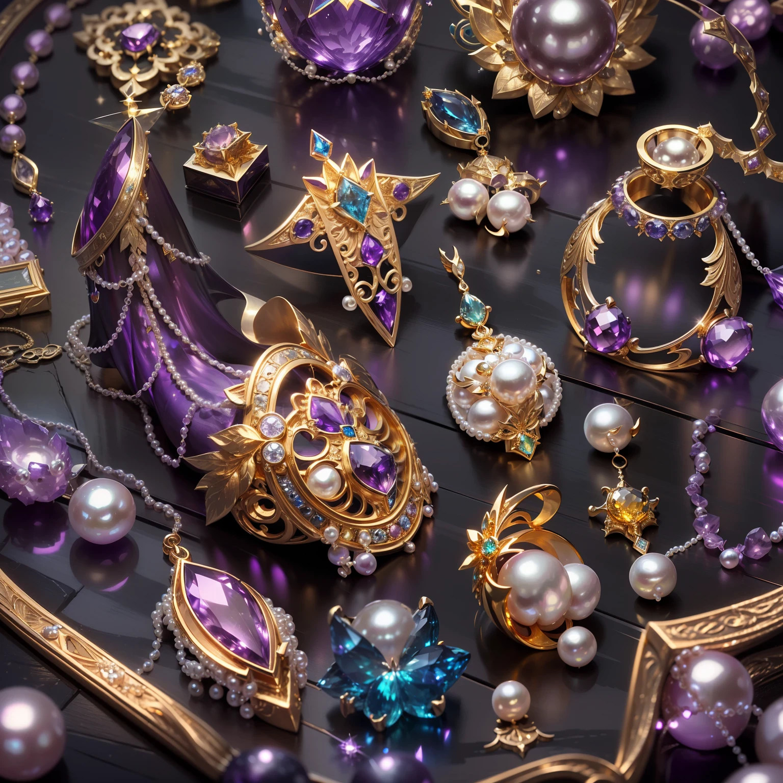in the style of futuristic,(Full Focus:2),(Everything is laid out in a display case:1.3),(pearls|hisui|Jade|amethyst|sapphires|Gold products|Silver products|Purple gold|Magical jewelry|antiquarian|Red Jewel|Diamond|topaz|:2),Magic symbols,Magic light particle effect,High-tech luxury, High-value jewelry,,High-value metals,luxury goods,Puzzles are prohibited, Detailed and complex background, glittery, reflective light, hyper HD, Award-Awarded, A high resolution, High detail, Chiaroscuro, Cinematic lighting, Masterpiece, Ray traching,structurally correct, Super detail, High quality, High details, Best quality, 16k