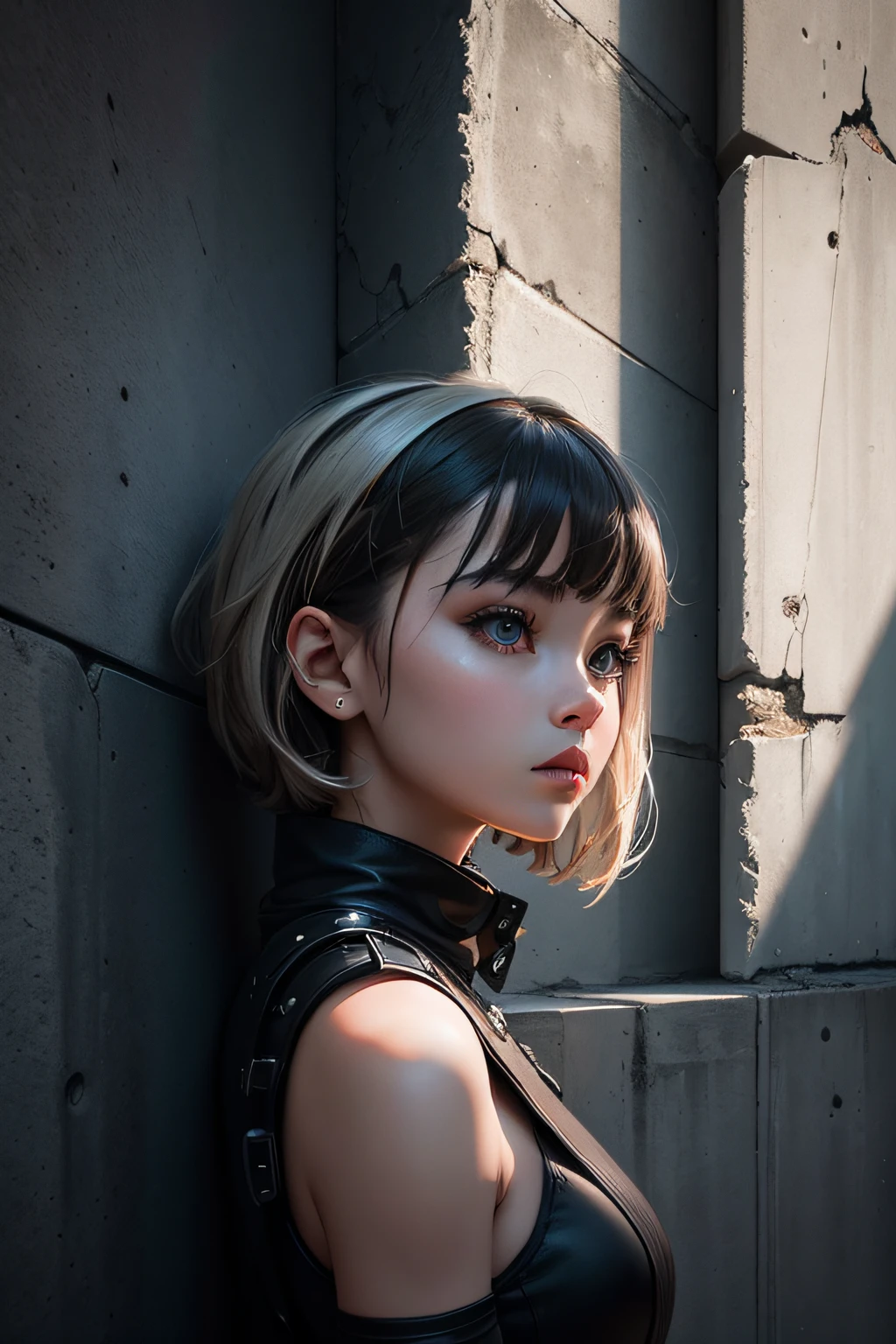 ultra-detailliert,masterpiece,top-quality,Extreme Detail,concrete art,Brutalist Influence,Using strobe lighting、Dramatic shadows、highlight、Create images with a sense of depth and dimension,1girl,geometric sharpes,urban aesthetic,industrial design,vivit colors,