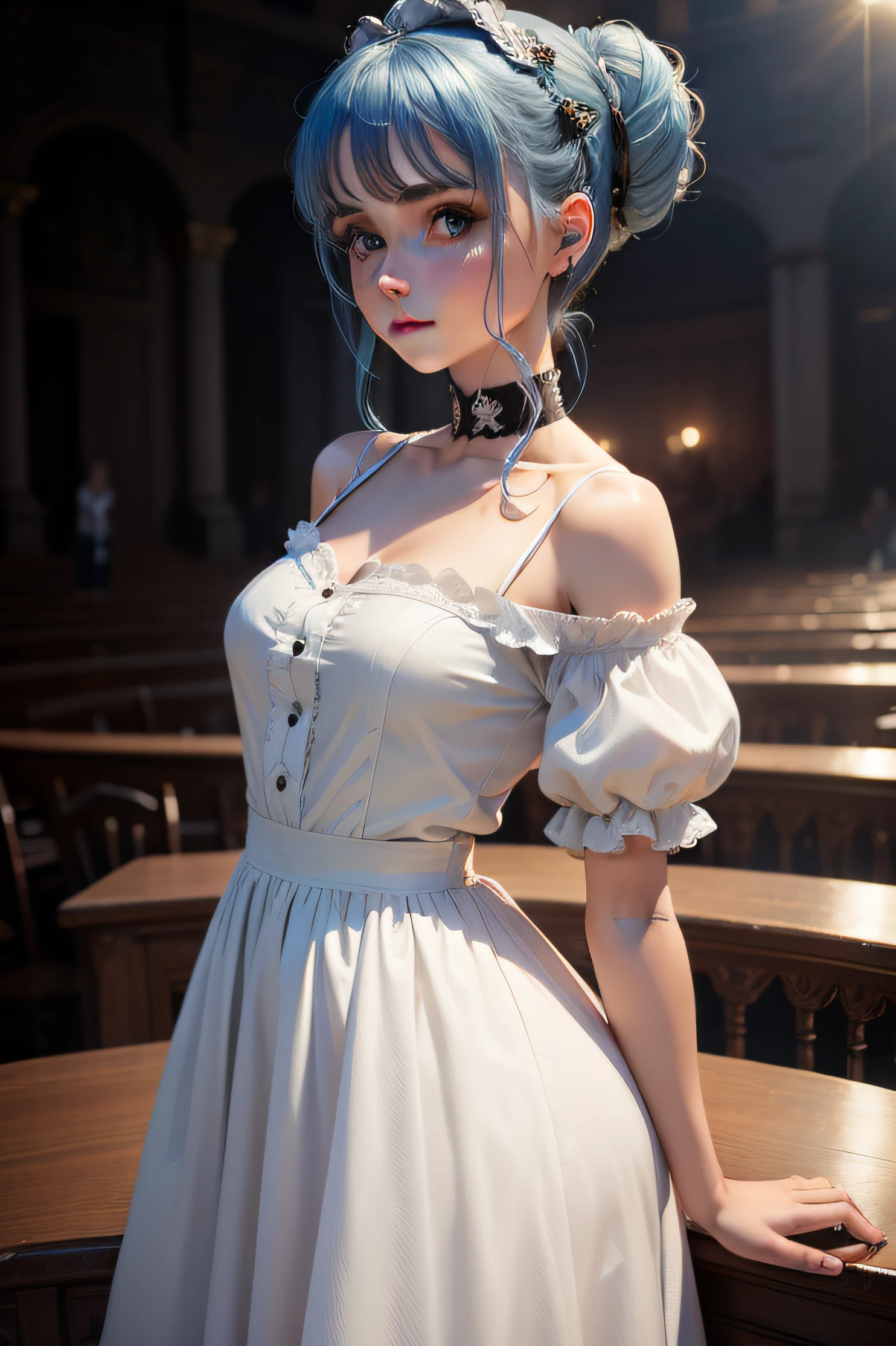 ((masterpiece)), (best quality), (detailed), (1girl), blue hair, blue eyes, updo, white shirt, black dress, looking down on the audience