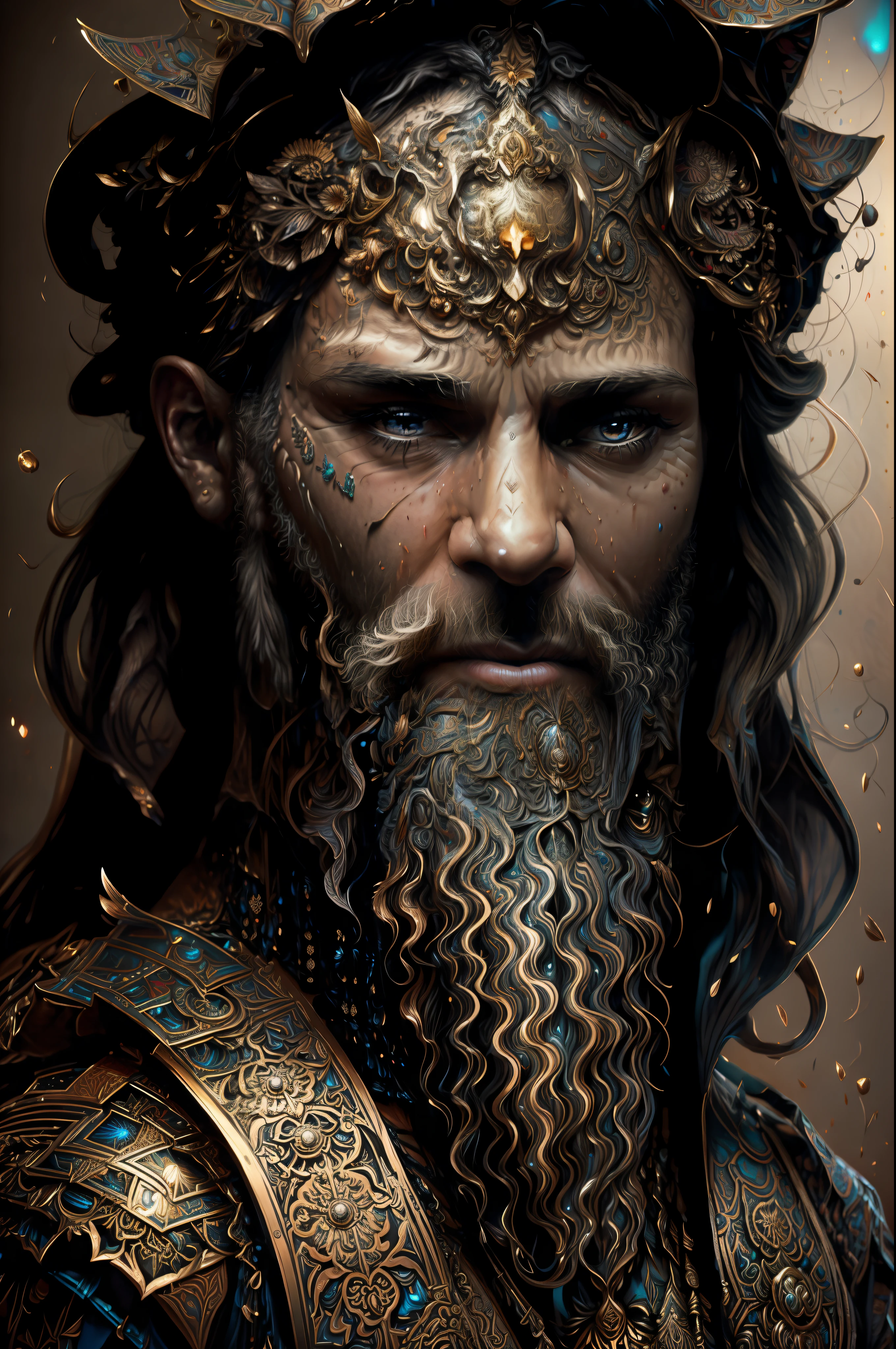 Digital painting of a 25-year-old man with a beard and a flowered headdress ,Arte de Alberto Severo, salpicaduras y gotas congeladas multicolores, dream, Pintura digital surrealista , brillos tornasolados, efectos 3D, Ultra HD, obra de arte magistral ,cinematic lighting,16k Arte digital 4K altamente detallado, Pintura digital intrincada, Arte digital detallado 4K, Gran arte digital con detalles, amazing detail digital art, Arte digital extremadamente detallado, Arte digital altamente detallado, amazing digital art, Awesome Digital Illustration, hyperdetailed fantasy character, Arte digital hiperdetallado, Arte digital demasiado detal