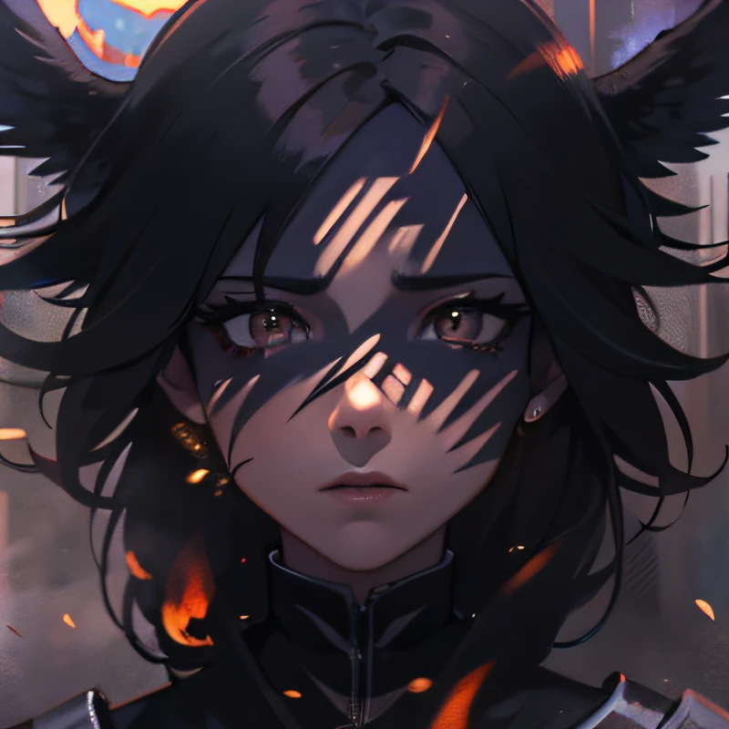 (hyper-detailing,CG,Solidarity,8k wallpaper),(tmasterpiece),(photorealestic),black aura,(realisticlying:1.2),(RAW photogr:1.2),(best qualtiy:1.2),(Detailed face:1.3),(Detailed body:1.3)Black Ninja,dark fantacy,(美丽细致的眼睛,Black colored eyes,vacant eyes:1.2),Fire around,(detailed hair),1girll,(the angel's wings:1.4),Fire around,(cabelos preto e longos:1.3),hold a cat