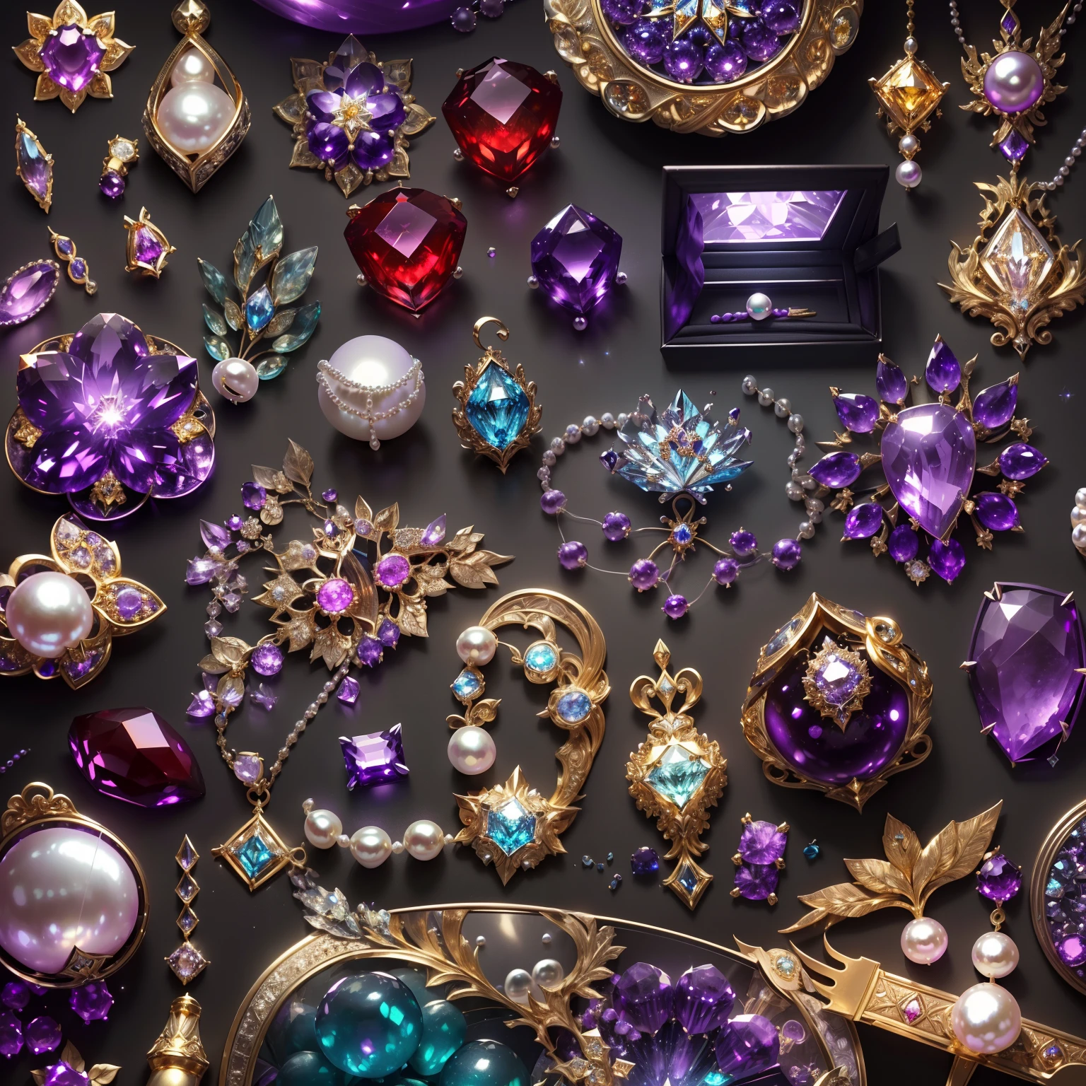 in the style of futuristic,(Full Focus:2),(Everything is laid out in a display case:1.3),(pearls|hisui|Jade|amethyst|sapphires|Gold products|Silver products|Purple gold|Magical jewelry|antiquarian|Red Jewel|Diamond|topaz|:2),Magic symbols,Magic light particle effect,High-tech luxury, High-value jewelry,,High-value metals,luxury goods,Puzzles are prohibited, Detailed and complex background, glittery, reflective light, hyper HD, Award-Awarded, A high resolution, High detail, Chiaroscuro, Cinematic lighting, Masterpiece, Ray traching,structurally correct, Super detail, High quality, High details, Best quality, 16k