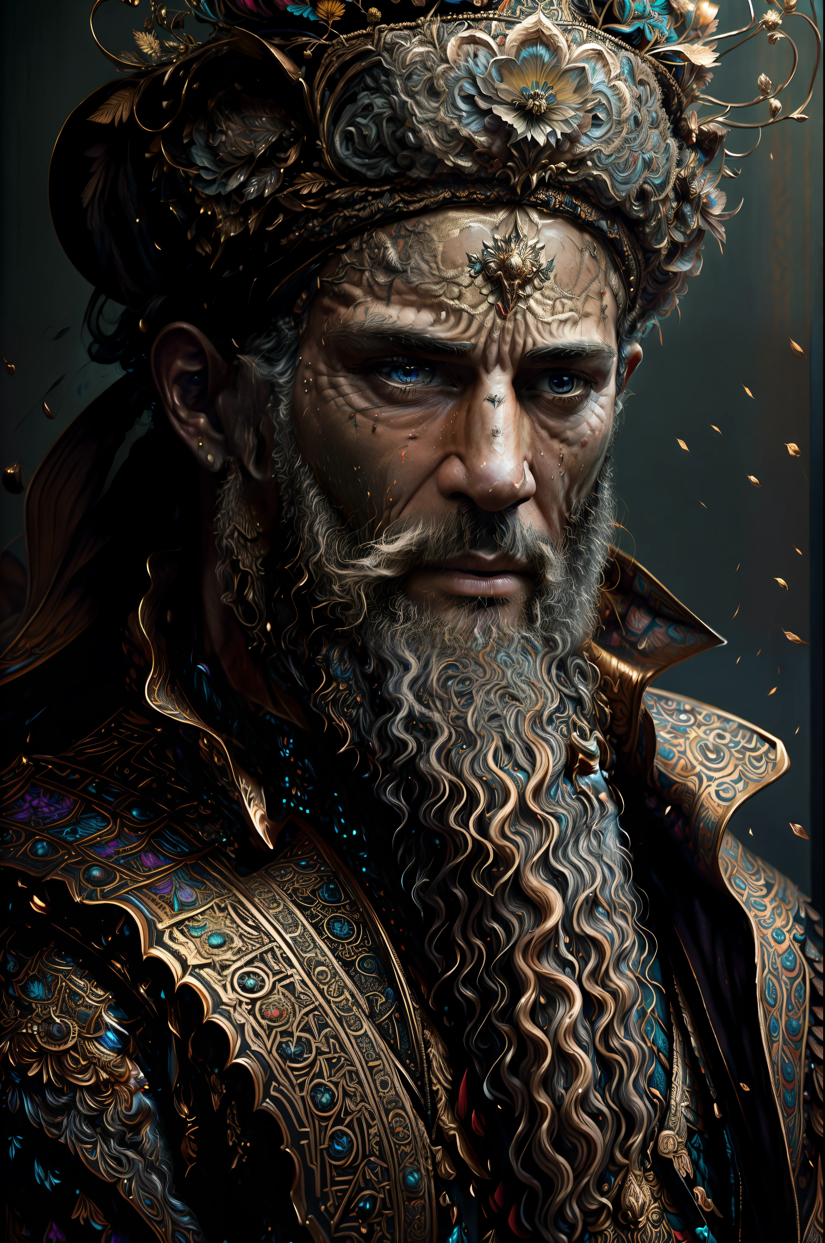 Digital painting of a 25-year-old man with a beard and a flowered headdress ,Arte de Alberto Severo, salpicaduras y gotas congeladas multicolores, dream, Pintura digital surrealista , brillos tornasolados, efectos 3D, Ultra HD, obra de arte magistral ,cinematic lighting,16k Arte digital 4K altamente detallado, Pintura digital intrincada, Arte digital detallado 4K, Gran arte digital con detalles, amazing detail digital art, Arte digital extremadamente detallado, Arte digital altamente detallado, amazing digital art, Awesome Digital Illustration, hyperdetailed fantasy character, Arte digital hiperdetallado, Arte digital demasiado detal