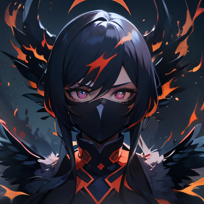 (hyper-detailing,CG,Solidarity,8k wallpaper),(tmasterpiece),(photorealestic),black aura,(realisticlying:1.2),(RAW photogr:1.2),(best qualtiy:1.2),(Detailed face:1.3),(Detailed body:1.3)Black Ninja,dark fantacy,(美丽细致的眼睛,Black colored eyes,vacant eyes:1.2),Fire around,(detailed hair),1girll,(the angel's wings:1.4),Fire around,(cabelos preto e longos:1.3),hold a cat